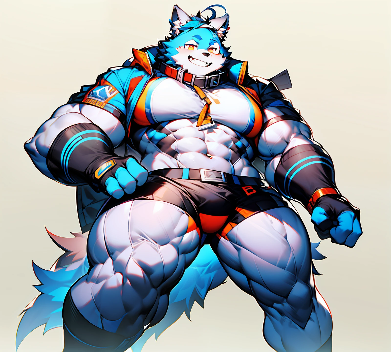 coyote,Furry,Blue hair,musculature,Muscle men,nakeness,Strong,ultraclear,Has a large ,Collar,Black shorts,Black sclera,red pupils,Abs,Yellow coat,The erection,Collar,Has a large ,der riese,tit,Solo,Stout arms,Storm jacket,Badge,Pronounced abs,ssmile,subway station background,Urban style,hold fists,Big ,Storm jacket,Red gloves,Blue shoes,red striped,Bracers