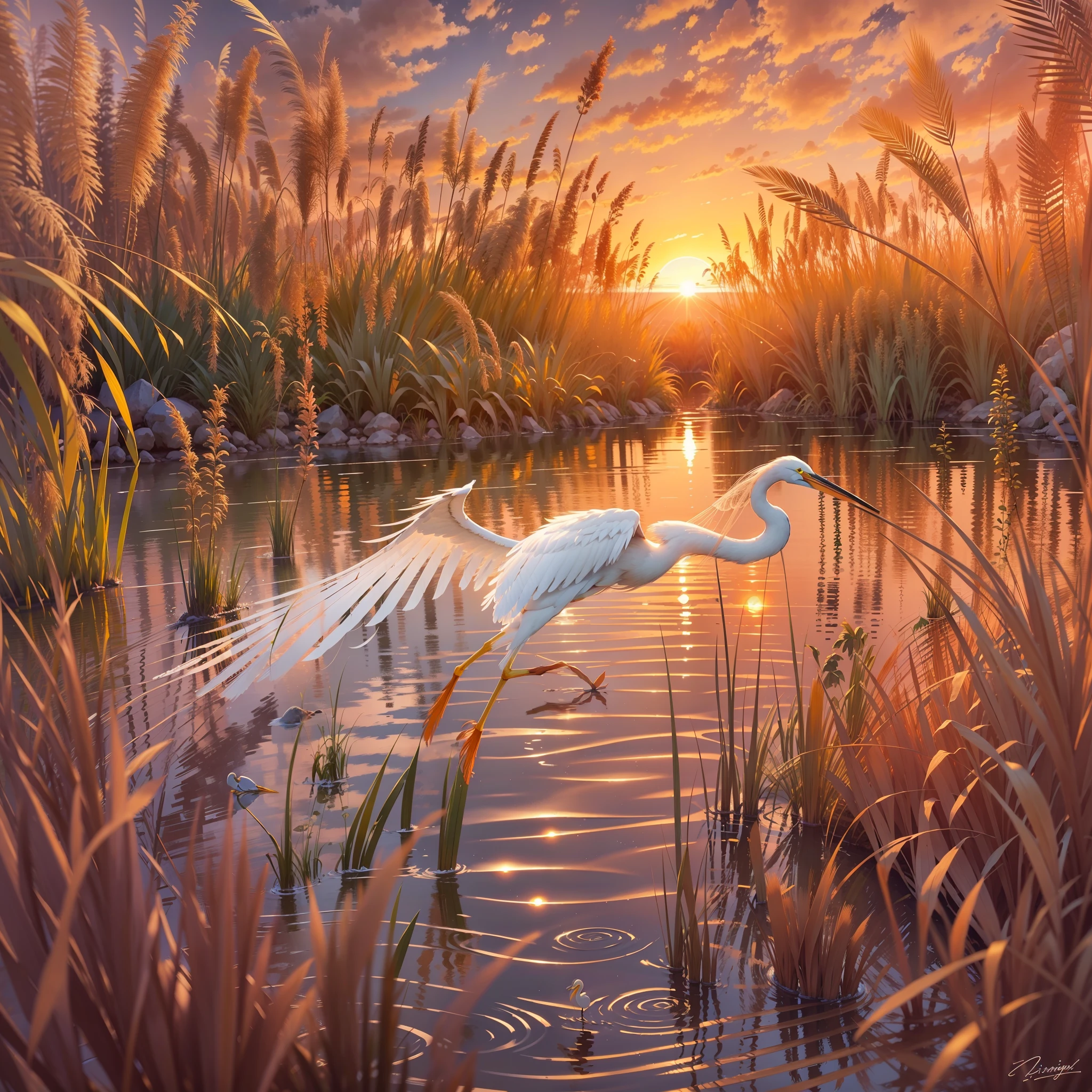 (the setting sun:1.3)，phragmites，(An egret is flying)，phragmites，Eau，Beautiful，Reflection on the surface of the water，OilPaintStyle，（Perfect artwork，high qulity，high detal，Master masterpieces，8K：1.5）