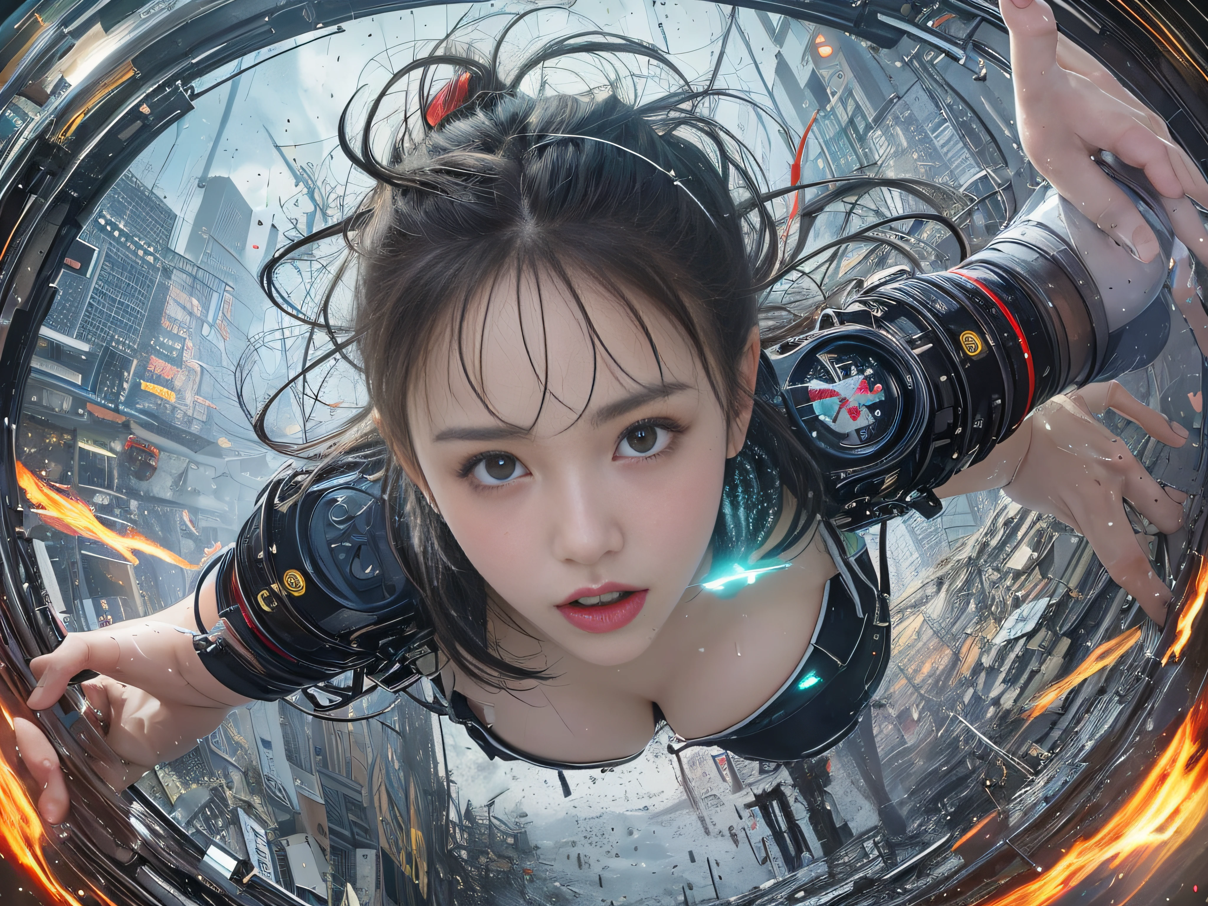 Top image quality, 电影灯光, octan render, ultrasharp, 1 girl in, japanes, embarassed face, glowy skin, colorfully dyed hair, Torn futuristic pilot suit, cleavage of the breast, Simple tattoos, intricate detailes, Runaway, Running at full speed, Breaking through the glass, Shards of flying glass, cyberpunked, Night sky with countless stars twinkling, Shining Milky Way, Heavy rain:1.3, Ruins, Laser beam attack, big explosion:1.3, Pillar of fire:1.2, A city engulfed in flames, floods, wetting hair:1.5, wetted skin:1.5, puddle, Detailed eyes, detailed skin textures, cammel toe, Detailed CG image quality, 8mm fisheye lens, Angle looking up from below:1.2, (Full Body Angle), The whole body is soaking wet, Fast shutter speed,