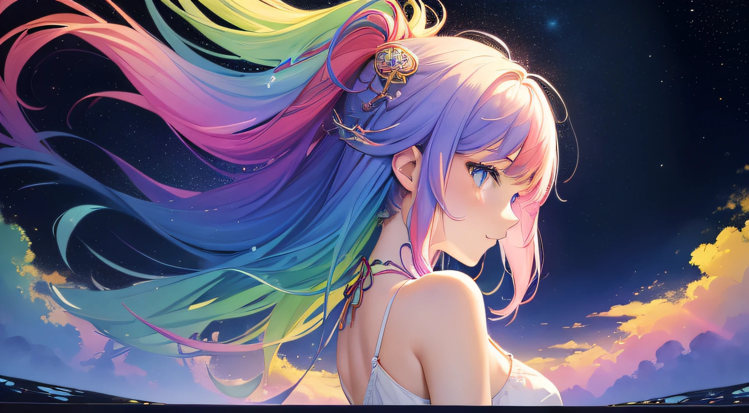 (masterpiece, top quality, best quality,watercolor (medium),official art, beautiful and aesthetic:1.2),(1girl:1.3), (fractal art:1.3),upper body, from side, looking at viewer,patterns,(rainbow color Hair,colorful hair,half blue and half pink hair:1.2),water,liquid, cloud,colorful, starry,stars,