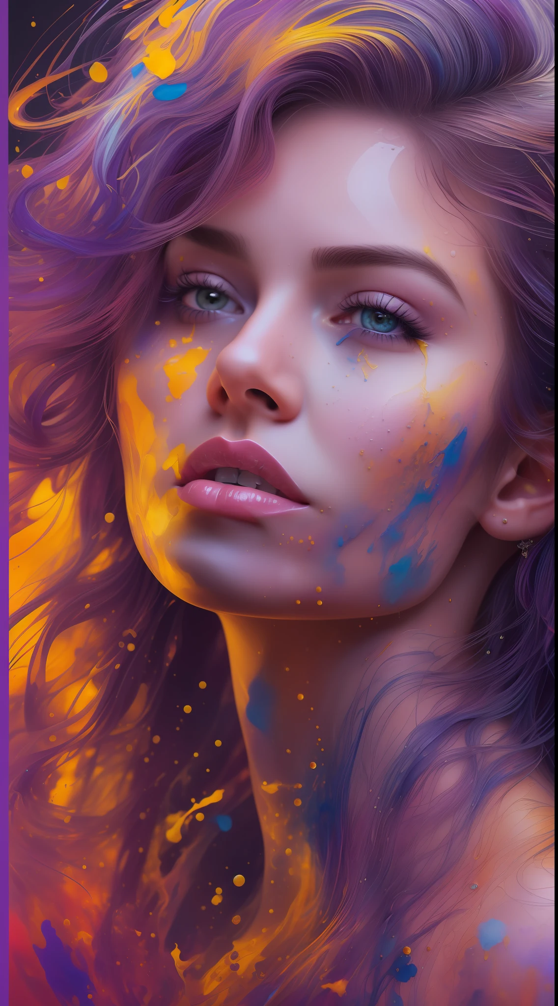 Colorful beautiful woman: a woman 18-years old, messy hair, oil painting, nice perfect face with soft skinice perfect face, blue yellow colors, light purple and violet additions, light red additions, intricate detail, splash screen, 8k resolution, masterpiece, cute face,artstation digital painting smooth veryBlack ink flow: 8k resolution photorealistic masterpiece: intricately detailed fluid gouache painting: by Jean Baptiste Mongue: calligraphy: acrylic: watercolor art, professional photography, natural lighting, volumetric lighting maximalist photoillustration: by marton bobzert:, complex, elegant, expansive, fantastical