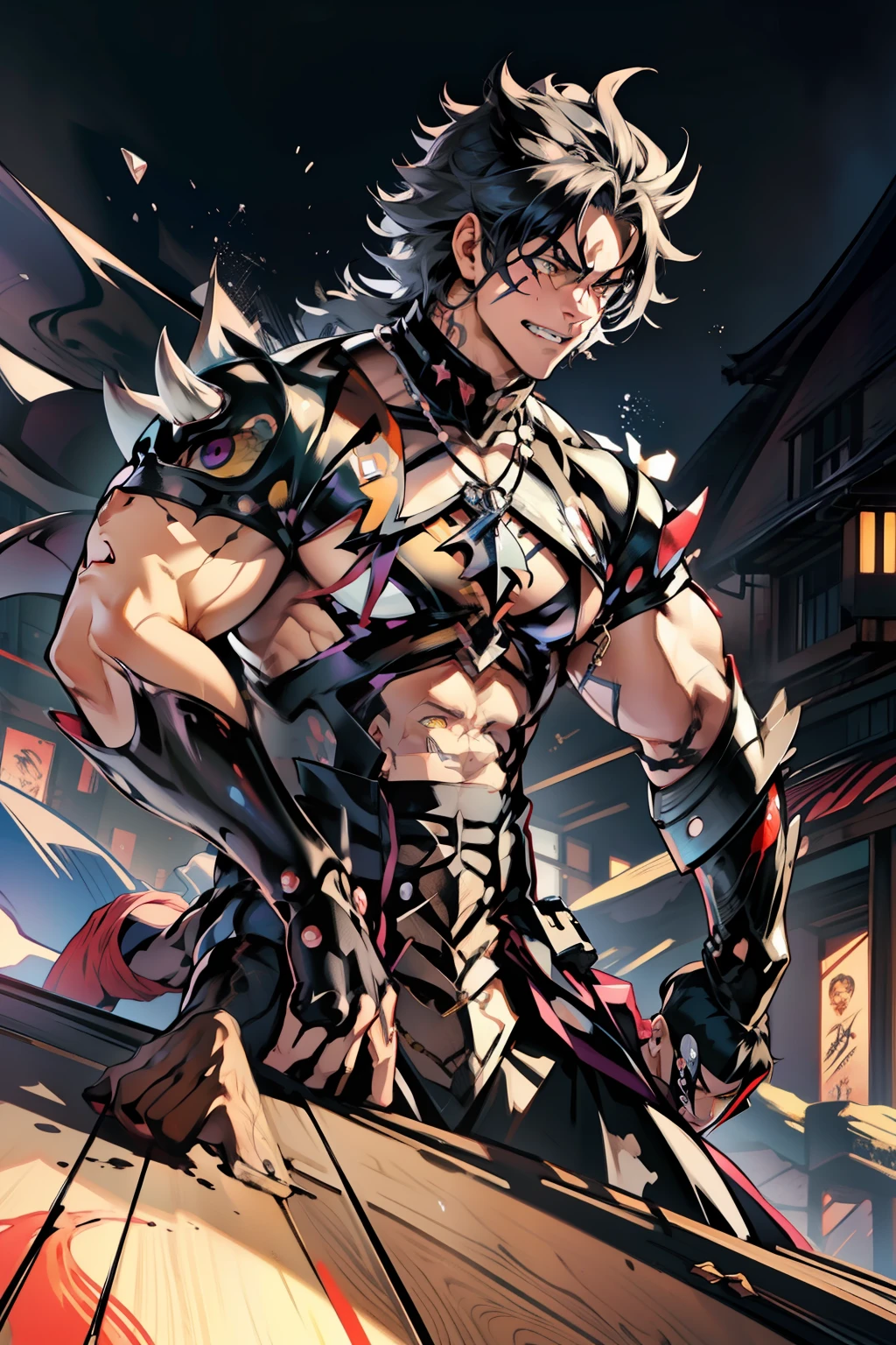 《the original god》Arataki Kazuto , male people,,((Masterpiece)), ((Best quality)), Ultra detailed,((illustration)), Dynamic Angle, Detailed light, (Delicate eyes), Floating, 1boy, Male focus, Head, Clothing, Yellow eyes, necklace, tattoo, (Forehead:0.8), (ahoge:0.8), jewelry, apathy,Ray, chest muscle, Sexy , Venom symbiote for your body, Black mucus of the body , (into venom), Venom,frontage,style of anime4 K, 4K anime wallpaper, Badass anime 8 K, 4 k comic wallpaper, young anime man, Anime boys, Anime wallpapers 4 k, Anime wallpaper 4K, High quality anime art style, Anime moe art style, Anime art wallpaper 8 K, Anime art wallpaper 4 K, RGB lighting