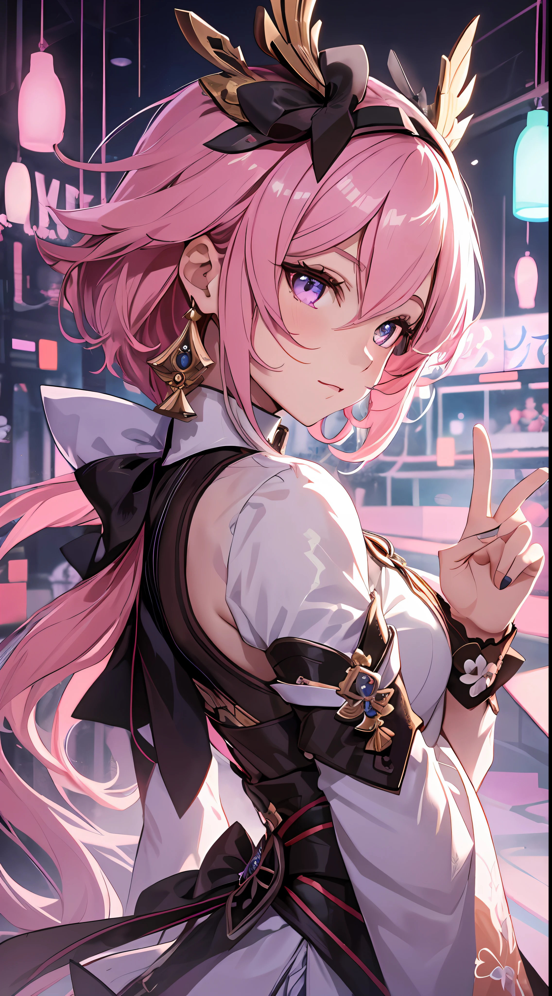 Mast, best quality, 1 girl, yae miko \ (Genshin Impact), glass pink hair, glass eyes, short hair, headband, hair accessories, looking at the audience, from the side,