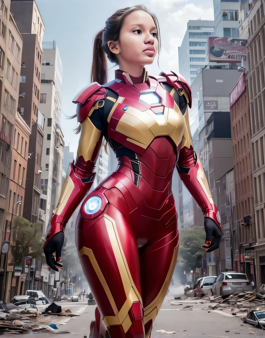 A woman in a red and gold suit standing in a city, como o Ironman, Emma Watson como Homem de Ferro, Homem de Ferro Cyberpunk, Homem de Ferro, Homem de Ferro Superior, wearing red and yellow hero suit, Ironman, em estilo de maravilha, cosplay realista, futuristic glossy latex suit, Senhora na armadura vermelha, Elon Musk como Homem de Ferro, No estilo da Marvel e DC