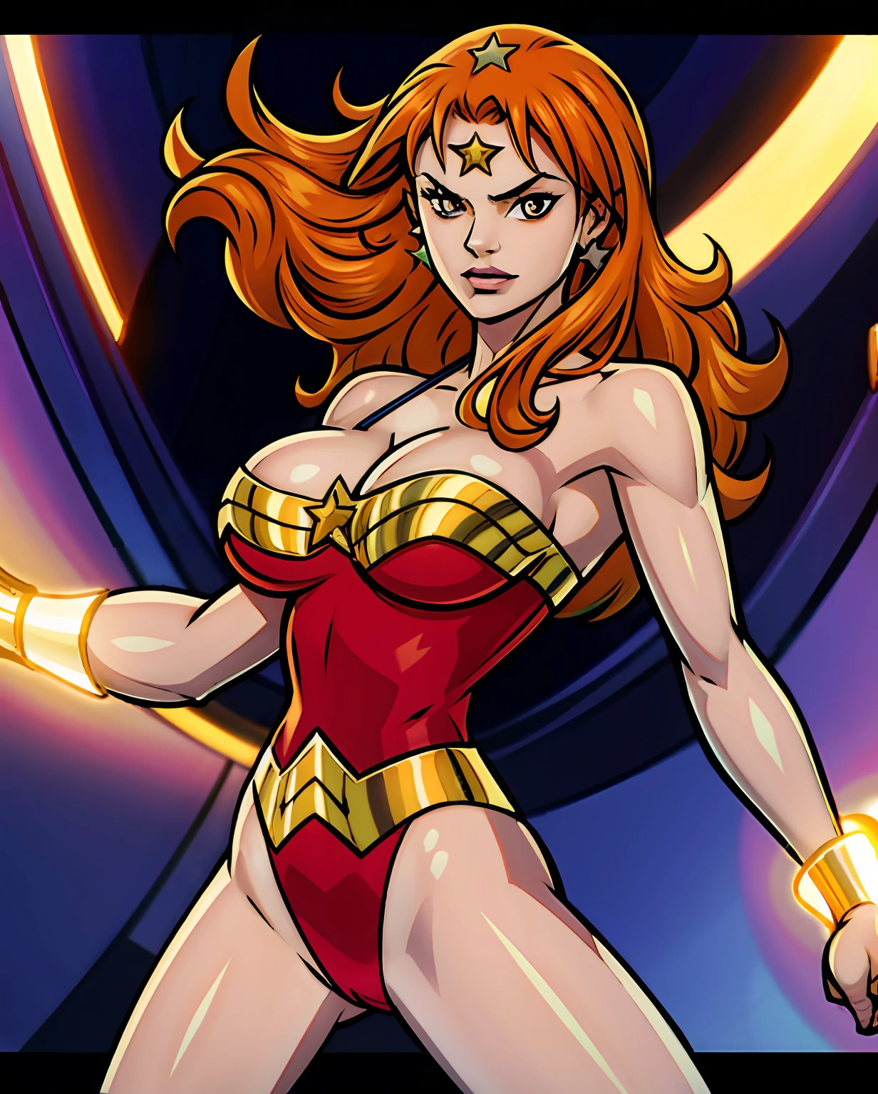 Orange hair, long hair, Orange eyes, tiara, leotard, jewelry, star \(symbol\), bare shoulders, cleavage, makeup, superhero
Full body