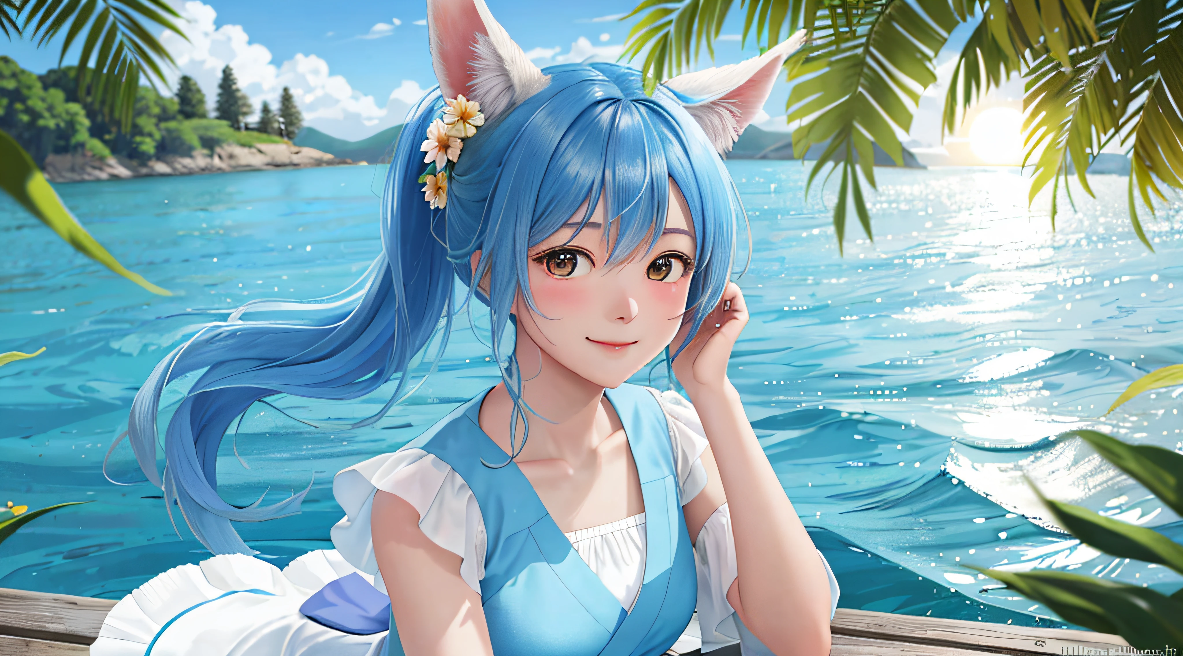 In a blue sky，There are seven rainbows of flowers in the summer daytime，and the sun was shining brightly，There is soft natural light, dingdall effect，An intimate portrait of a young girl about eighteen years old，The girl's appearance is thick eyebrows，There are big watery eyes，The girl has long rainbow-colored hair，Wear crossed bangs，front ponytail，The head is adorned with rabbit ears，She blushed，Sitting on a wooden pier in light blue Hanfu，There is also a cute border collie beside the girl，A wooden pier juts out onto the tranquil lake，The girl looked at the viewer with a closed mouth and a toothy smile，Hands resting naturally and easily on the back of your head，A happy smile on his face。The sun casts a warm glow on the scene，Illuminates the ripples in the water，Cast a soft shadow on the girl's face。Behind her，A lush sea of flowers stretches into the distance，The wide variety of flowers contrasts with the pale blue sky above。Despite the tranquility of the surroundings，But there was a clear sense of joy in the girl。