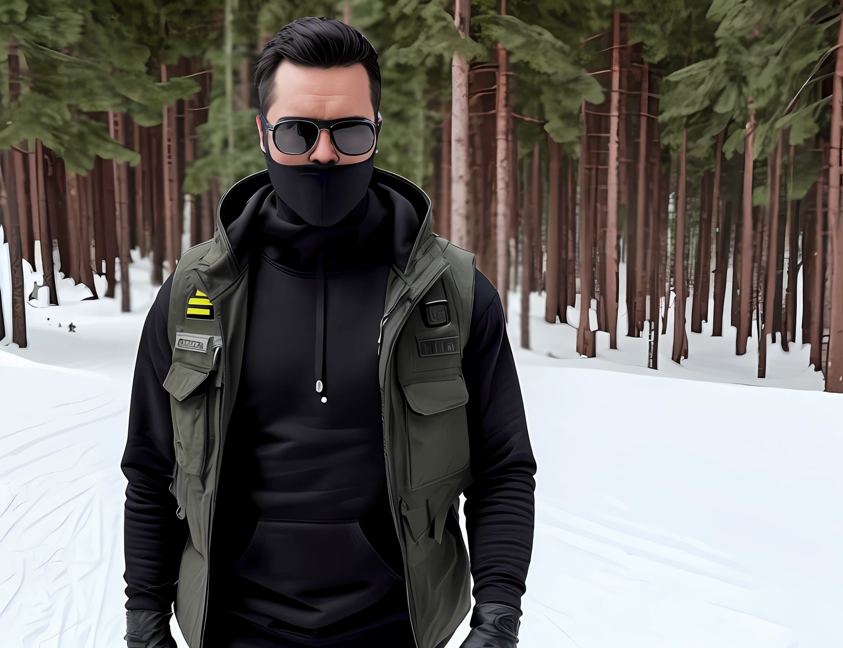 An average height man wearing a black hoodie, tactical vest, gloves, a ski mask, and sunglasses.