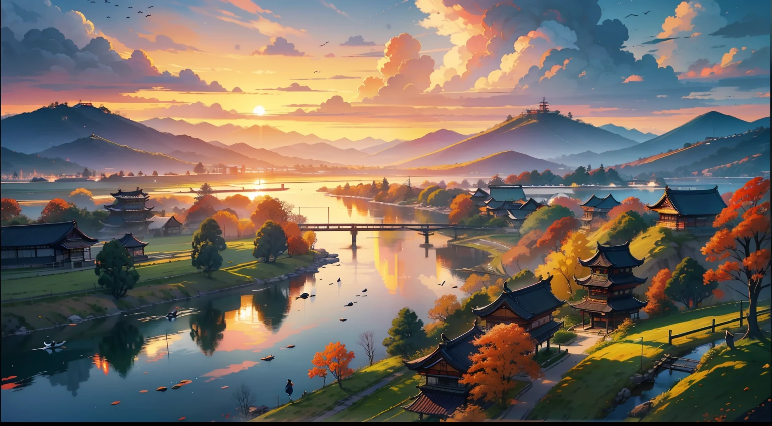 Embroidery,Leaning over,Yamabara has a clear view,Kawasawa was shocked。Lu Yan flew to the ground,Bells Food House;Shipultyazu,The home of the Green Sparrow Yellow Dragon Armour。The clouds are raining,Cai Che District Ming。The sunset and the solitary crane fly together,The autumn water is the same for a long time。Fishing boats sing late,Sounded the shore of poor Penley;The wild geese were frozen,The sound cuts off the shop of Hengyang。(Sunset landscape painting),((The vista is a huge sunset over the skyline)),(Connected to the lake),((Flying birds)),((Several ships)),Autumn tones,(an Chinese ink painting style),(Masterpiece),(Extremely detailed picture description),(8k wallpaper),(Master painting),(Noticeable light and shadow effects),(Ray traching),(Obvious layers),(depth of fields),(best qualityer),Ray