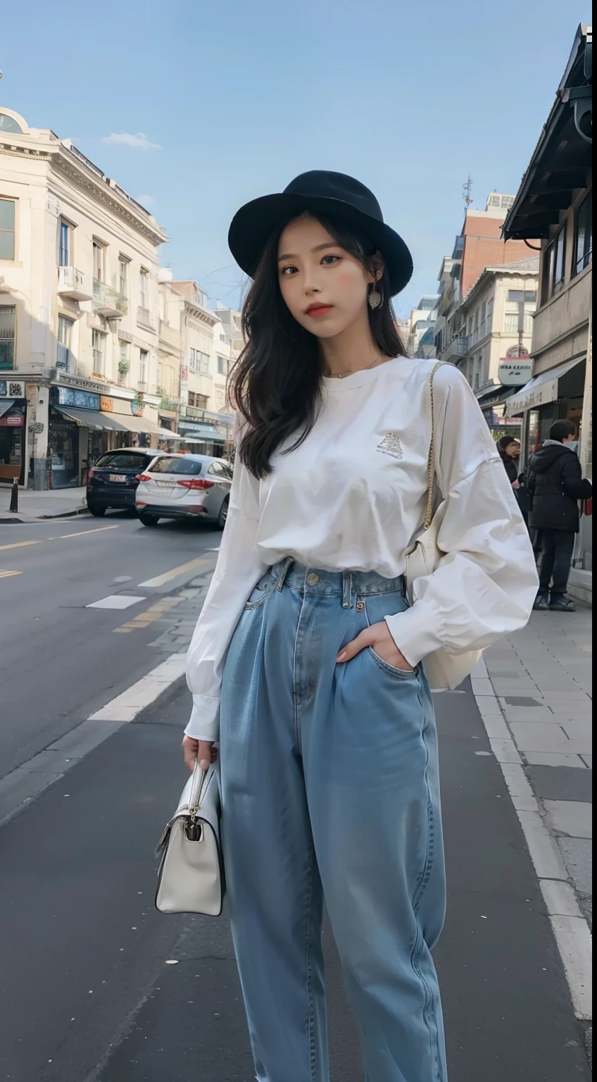 Masterpiece, a realistic beautiful woman wearing fashionable,town