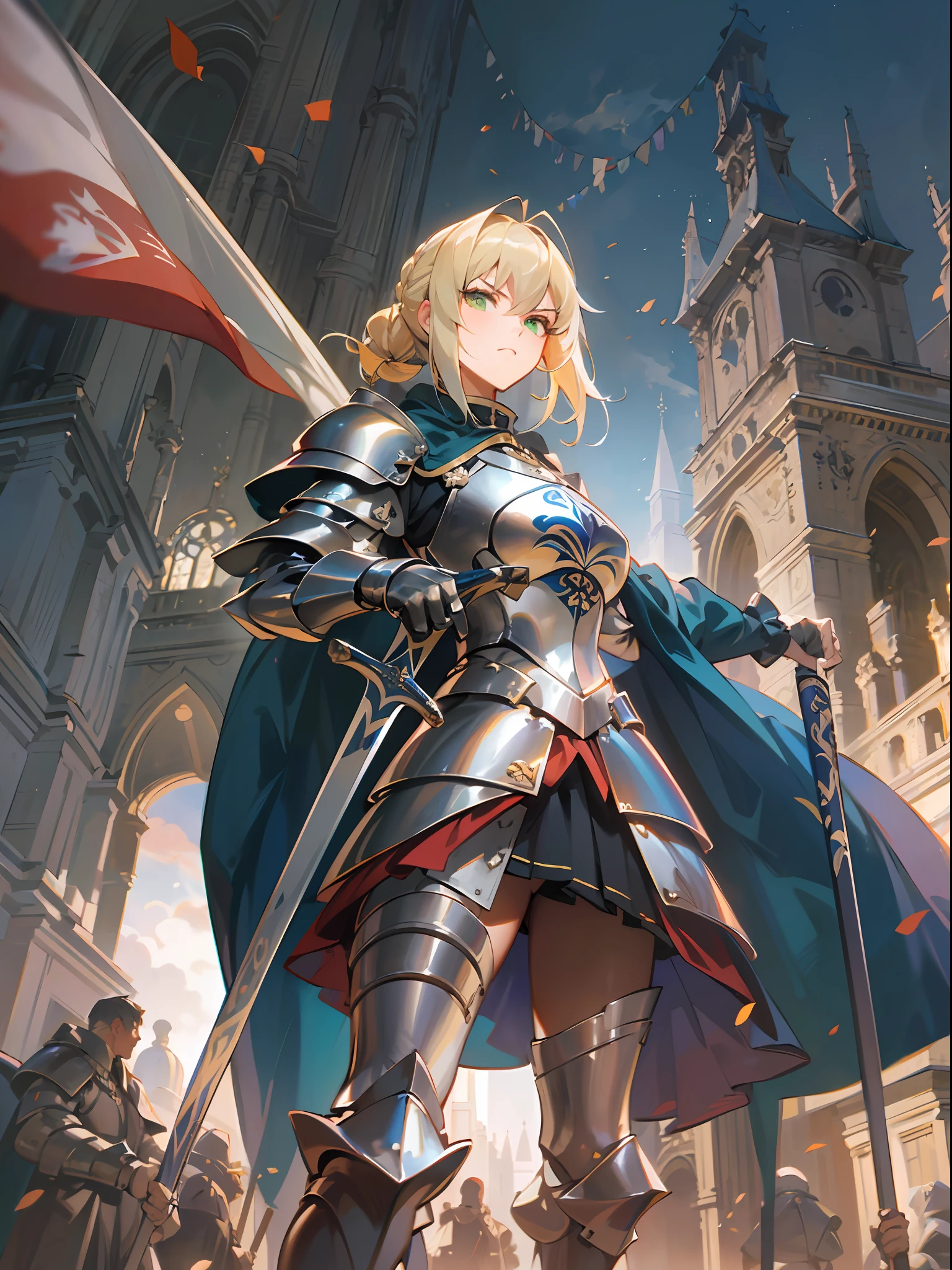 ((Best quality, 8K, Masterpiece: 1.4)),((Amazing detail: 1.3)),((illustration, Hairstyle Casual: 1.2)),((High resolution: 1.1)), 1girl, Artoria Pendragon, silver armor, green eyes, flag, holding flag, medieval, Victorian, divine, saber(Fate/Grand Order), chignon, golden hair, Combat posture, soft light, cinematic lighting, chiaroscuro, angry, amazing painting art,