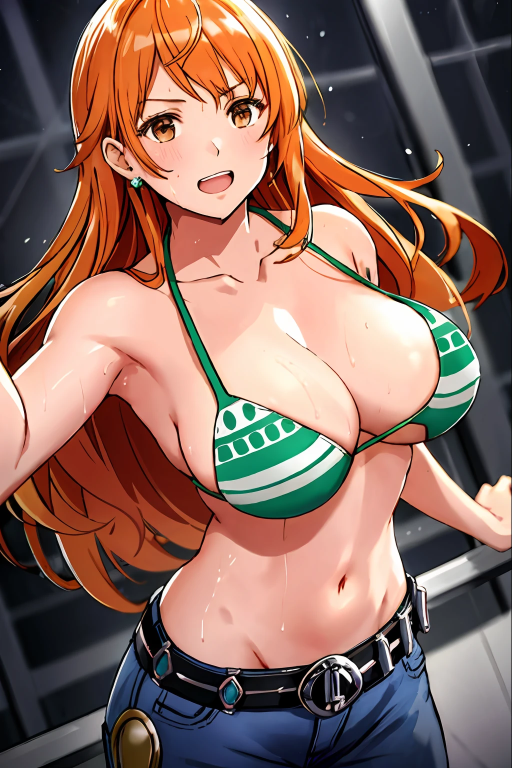 WALLPAPER, detailed background, wrestling stage, wrestling match, ((((leaning on turnbuckle))), masterpiece, 4k, (wwe:1.1), turnbuckle, (((wrestling ring robes behind))), wrestling robes, epic, best quality, late youth, adult, wrestler body, strong, 1girl, active, energic, (large mouth) , solo, nami \(one piece\), 1girl, bangle, (very wet, drenched in sweat, sweat all over body, very wet hair, tired, open mouth, exhausted, shouting, sweaty face, sweaty body, sweating too much, shiny sweat, leaning, serious, glaring, open eyes, perfect detailed face, round face, sweat on face) bold drawing lines, muscular arms, detailed bold arm lines, flat jaw, adult woman, wavy wide streaked bangs, floating bang, (big cheeks), bare shoulders, belt, bikini, bikini top only, bracelet, springy breasts, breast lines, big round eyes, very big brown shiny eyes, high eye position, cleavage, denim, earrings, floating hair, shiny hair, green belt, green bikini, bold groin lines, jeans, jewelry, medium breasts, log pose, long hair, looking at viewer, big navel, wet hair, orange hair, pants, shoulder tattoo, sidelocks, solo, standing, stomach, swimsuit, tattoo, looking at viewer, open mouth, detailed left arm, big forehead, hourglass figure, small head, toned body, wide hair, wind effect, narrow small ears angle, older, (((midsection shot only))),