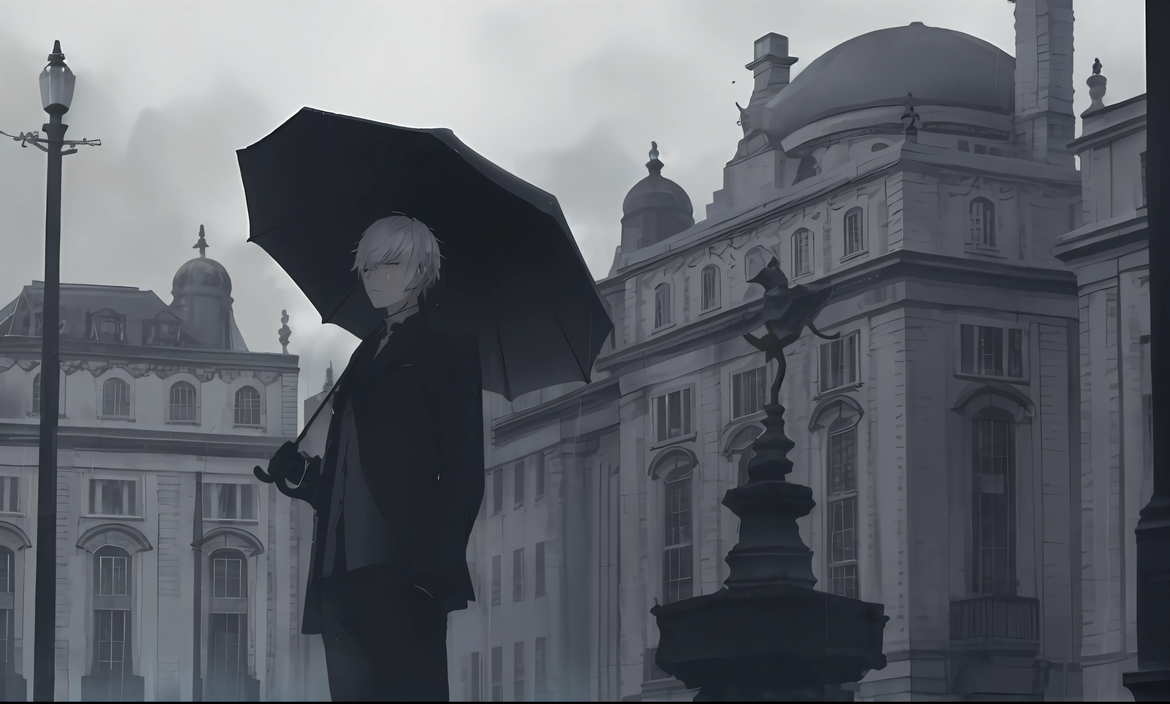 There is a man standing in front of a building with an umbrella, Guweiz, Aesthetics of rain, film still of 2nd B nier automata, Arte no estilo de Guweiz, Standing in the rain, Obra-prima de Guweiz, sob chuva, In the rain, Captura de tela do filme de anime, tokyo ghoul, guarda-chuva preto, 2 b, 2b