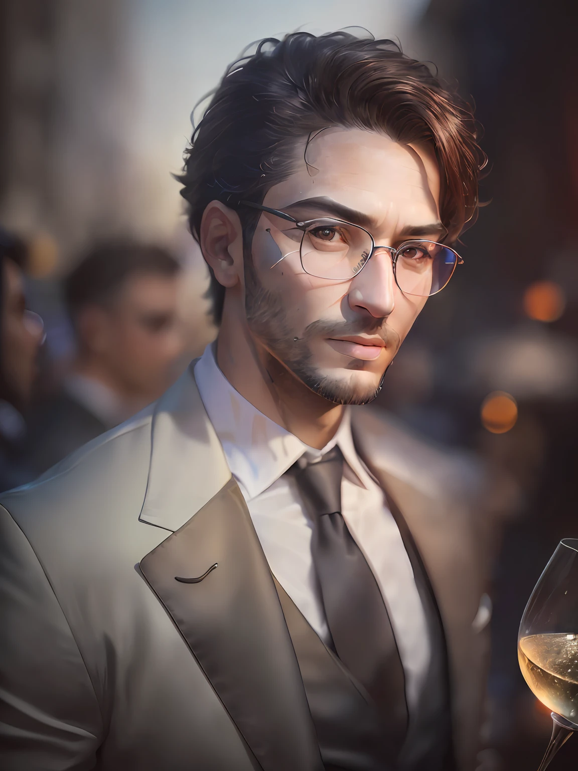 (((hyper realistic face)))(((extreme realistic skin detail))) (face with detailed shadows) (masterpiece, highest quality), (realistic, photo_realistic:1.9), ((Photoshoot)), a seductive (((man: 1.9))), with salt and pepper beard, wearing an Armani suit, fair skin, brown eyes, in a full shot, with a gala party in the background, with champagne glasses, people with glasses standing and talking, with a DSLR camera, a color film, a normal lens and a mixed lighting, (((hyper realistic face)))(((extreme realistic skin detail))) (face with detailed shadows) (masterpiece, highest quality), (realistic, photo_realistic:1.9), ((Photoshoot)) --auto --s2