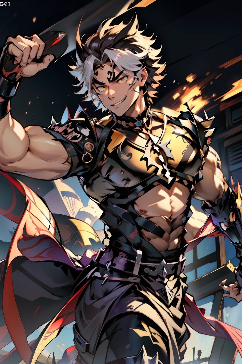 《the original god》Arataki Kazuto , male people，，((Masterpiece)), ((Best quality)), Ultra detailed,((illustration)), Dynamic Angle, Detailed light, (Delicate eyes), Floating, 1boy, Male focus, Head, Clothing, Yellow eyes, necklace, tattoo, (Forehead:0.8), (ahoge:0.8), jewelry, apathy，Ray， chest muscle， Sexy , Venom symbiote for your body, Black mucus of the body , （into venom）, Venom，frontage，style of anime4 K， 4K anime wallpaper， Badass anime 8 K， 4 k comic wallpaper， young anime man， Anime boys， Anime wallpapers 4 k， Anime wallpaper 4K， High quality anime art style， Anime moe art style， Anime art wallpaper 8 K， Anime art wallpaper 4 K， RGB lighting