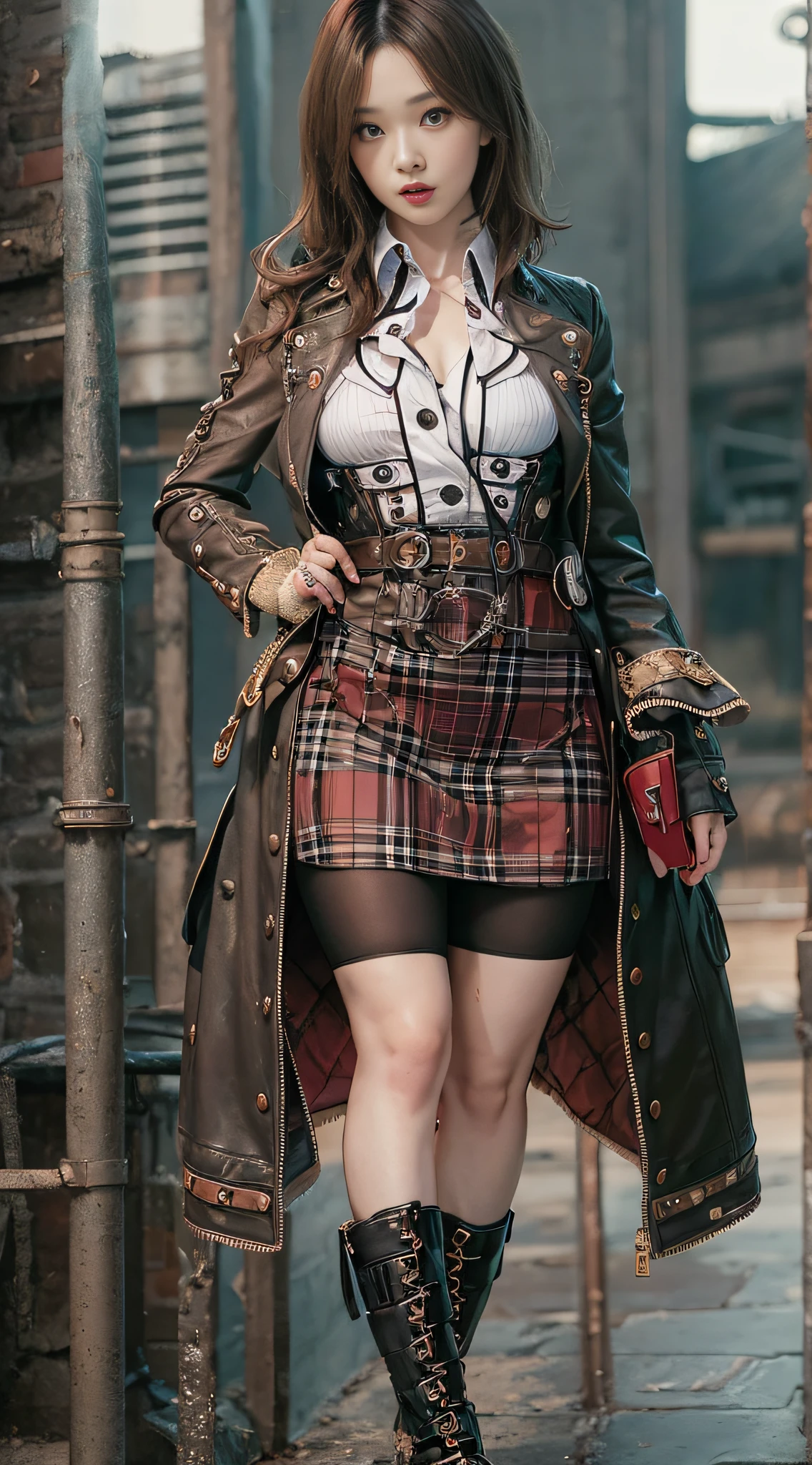 Cute Girl, Leather Costume, Knee shot, Exposure boom, Steampunk Pin-Up Girl, Steampunk girl on a garter belt, Steampunk beauty, Steampunk Goddess, Steampunk style location, Steampunk costumes,. Wearing a steampunk dress, closeup portrait shot, steampunk inventor girl, High-quality close-ups,
NSFW, 8k RAW photo, The highest image quality, masutepiece, ultra-quality, Film grain, Natural Skin Texture, realistic eyes and face details, Full lips, lip stick, (make up), Red Eye Shadow, short fluffy hair, hair messy, Smile, Full Mouth, nice legs, Tall Woman, (backgroung details), slim, Slim Nice Legs, One, cleavage, Cleavage legs, One, cleavage, Hip Look Pose, Very short skirt, hip, Shirt, Hip Look Pose, Skirt, hip, Shirt, (backgroung details), Burberry Plaid, plaid skirts, (((very small chest))), A shirt with a little cleavage, Blurred background explanation: Burberry, Pleated skirt, depth of fields