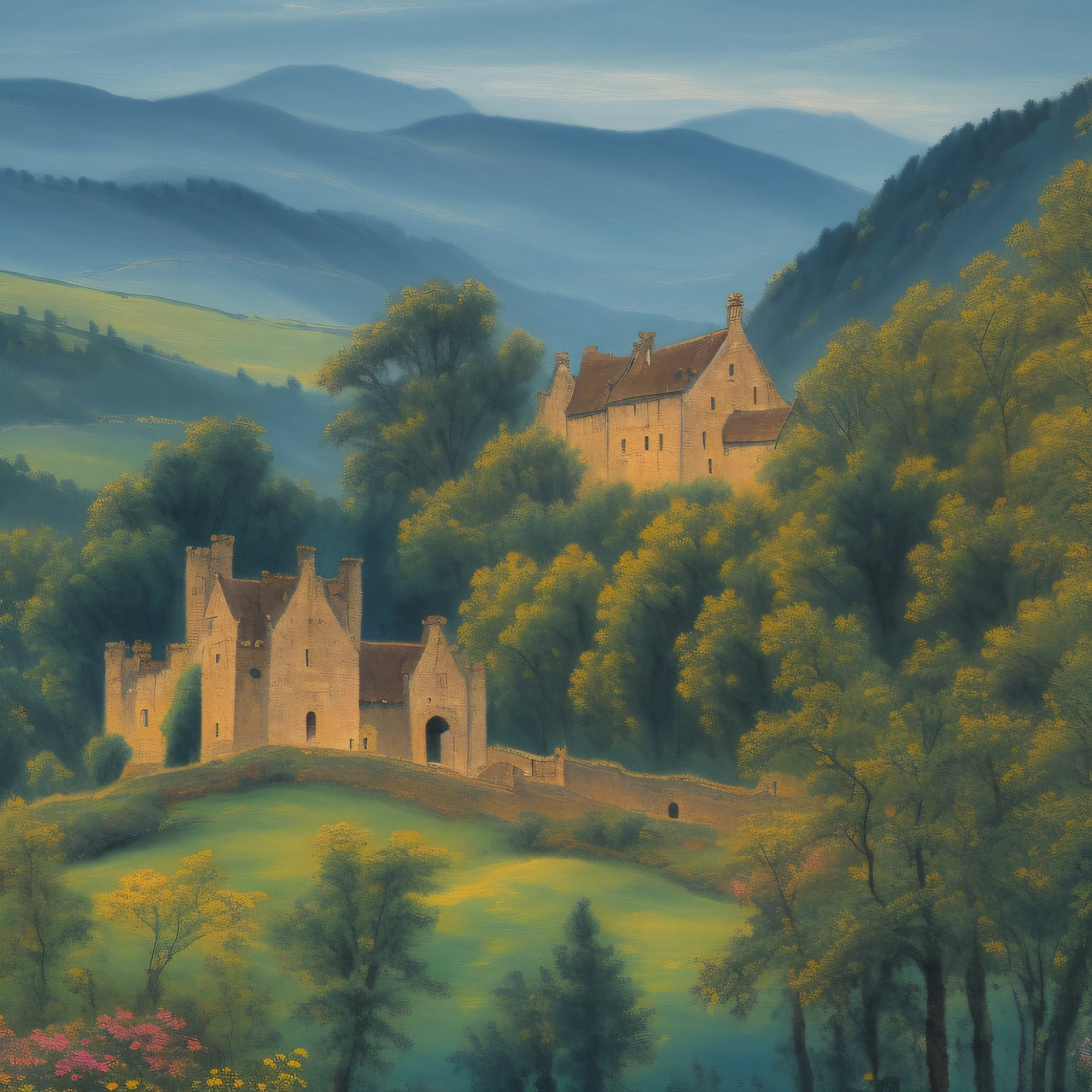 illustration, masterpiece, high quality, best quality, (high detailed:1.2), (extremely detailed:1.3), medieval castle, floating castle, forest, mountain, landscape, landscape painting, no humans, flowers