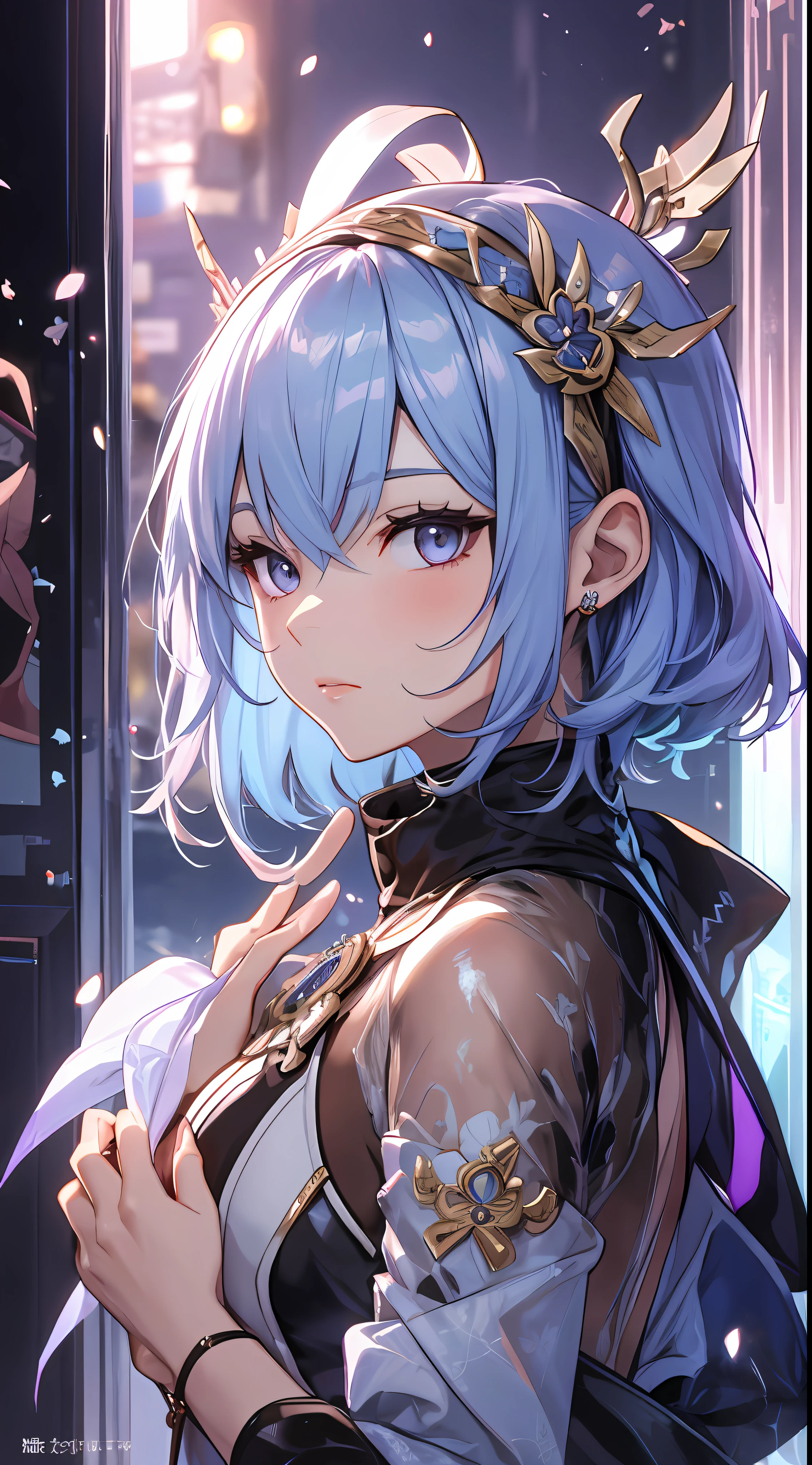 Mast, best quality, 1 girl, yae miko \ (Genshin Impact), silver + blue hair, glass eyes, short hair, headband, hair accessories, looking at the audience, from the side, hand out of frame, bowing