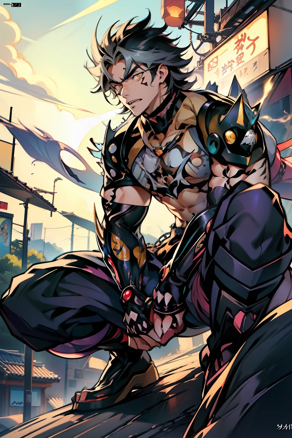 《the original god》Arataki Kazuto , male people,,((Masterpiece)), ((Best quality)), Ultra detailed,((illustration)), Dynamic Angle, Detailed light, (Delicate eyes), Floating, 1boy, Male focus, Head, Clothing, Yellow eyes, necklace, tattoo, (Forehead:0.8), (ahoge:0.8), jewelry, apathy,Ray, chest muscle, Sexy , Venom symbiote for your body, Black mucus of the body , (into venom), Venom,frontage,style of anime4 K, 4K anime wallpaper, Badass anime 8 K, 4 k comic wallpaper, young anime man, Anime boys, Anime wallpapers 4 k, Anime wallpaper 4K, High quality anime art style, Anime moe art style, Anime art wallpaper 8 K, Anime art wallpaper 4 K, RGB lighting