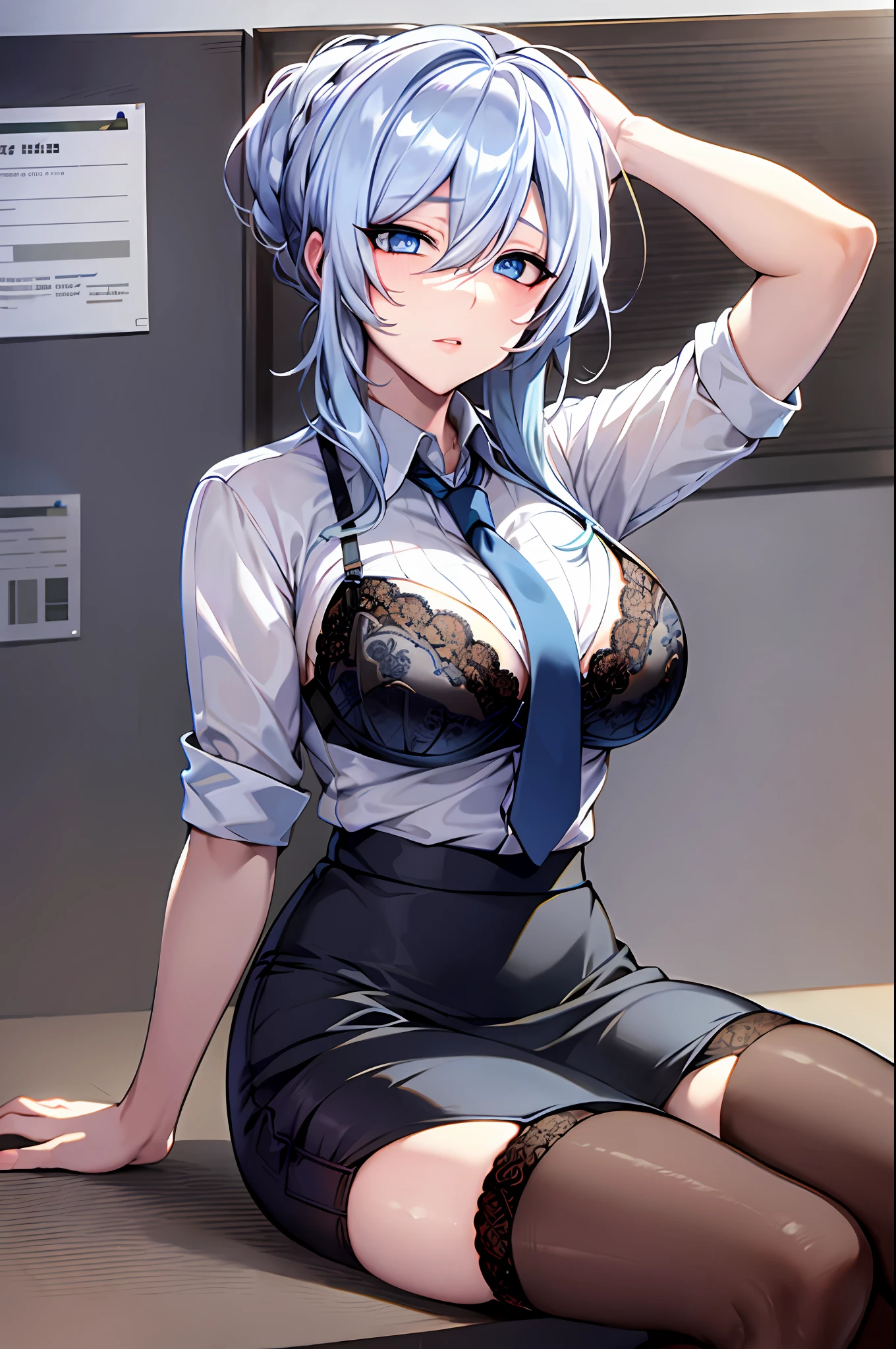 best quality, masterpiece), 1yukino, silver hair, blue eyes,  garter straps, pencil skirt, office lady, black bra, necktie, collared shirt, leaning back