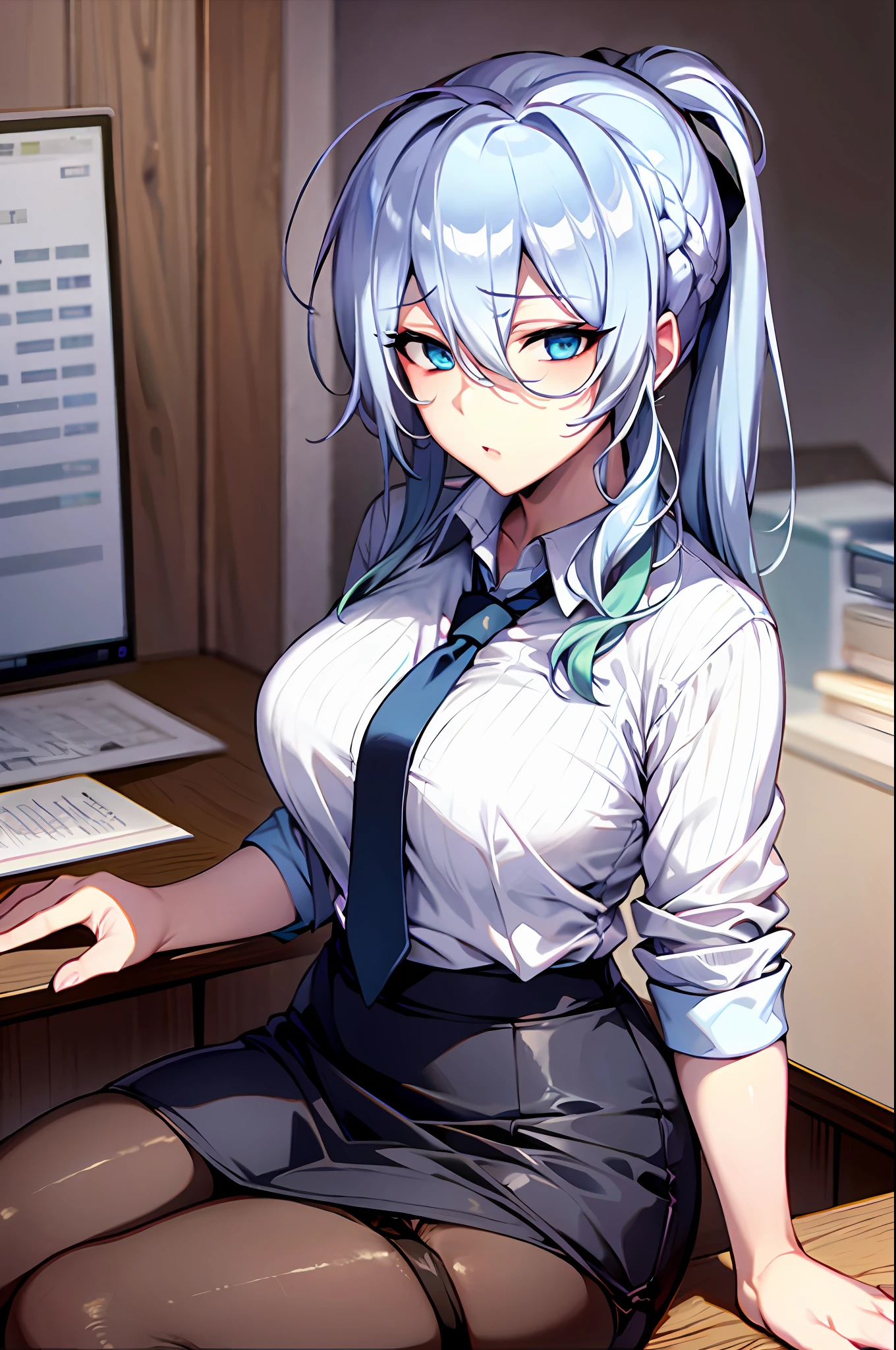 best quality, masterpiece), 1yukino, silver hair, blue eyes,  garter straps, pencil skirt, office lady, black bra, necktie, collared shirt, leaning back