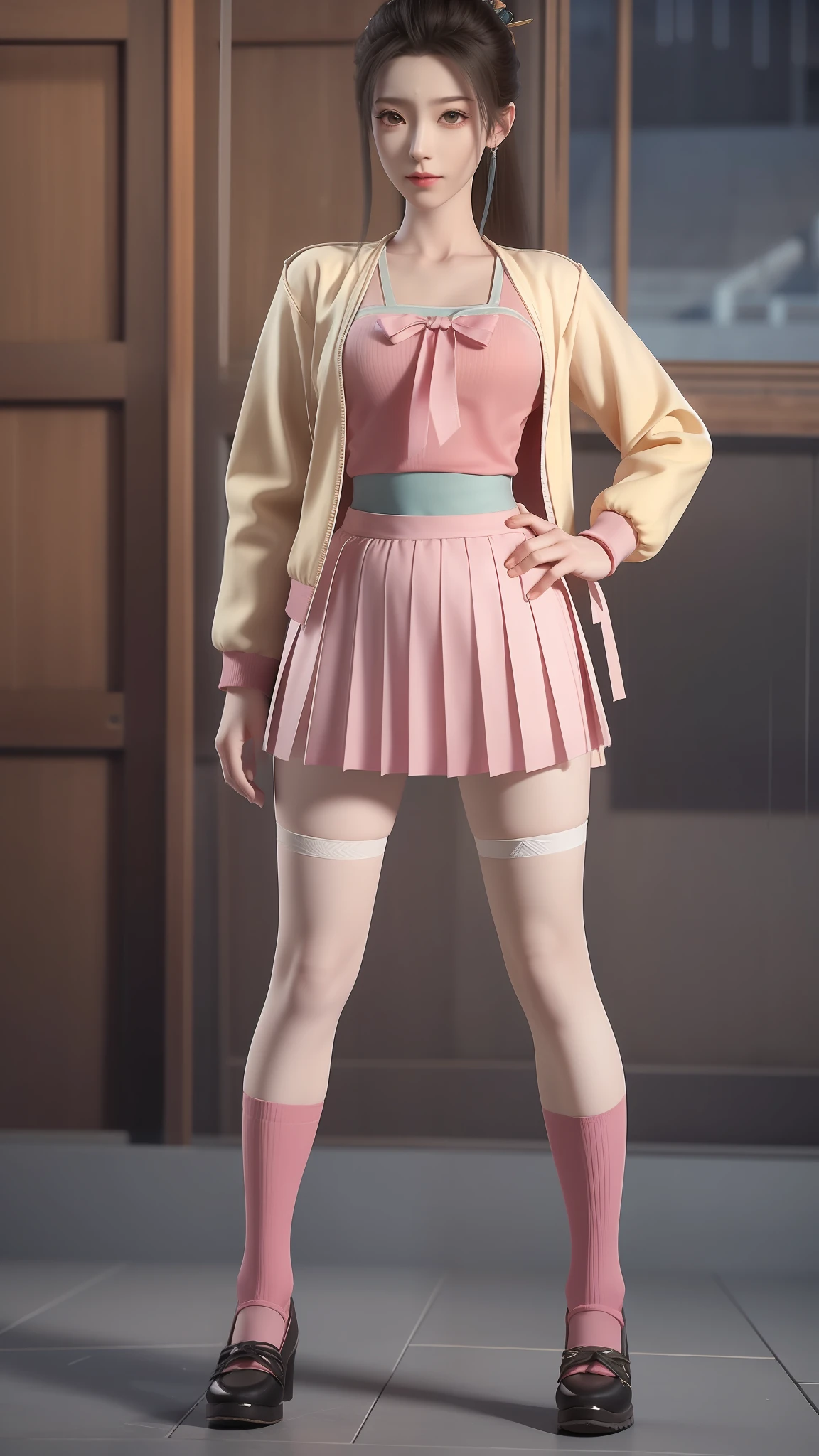 there is a woman in a skirt and a jacket posing for a picture, Surrealism female students, Surrealism female students, Realistic schoolgirl, thighhighs and skirt, photorealistic anime girl rendering, 3 d anime realistic, Smooth anime CG art, photorealistic full body, Photorealistic anime, Realistic anime 3 D style, photorealistic perfect body, wearing skirt and high socks