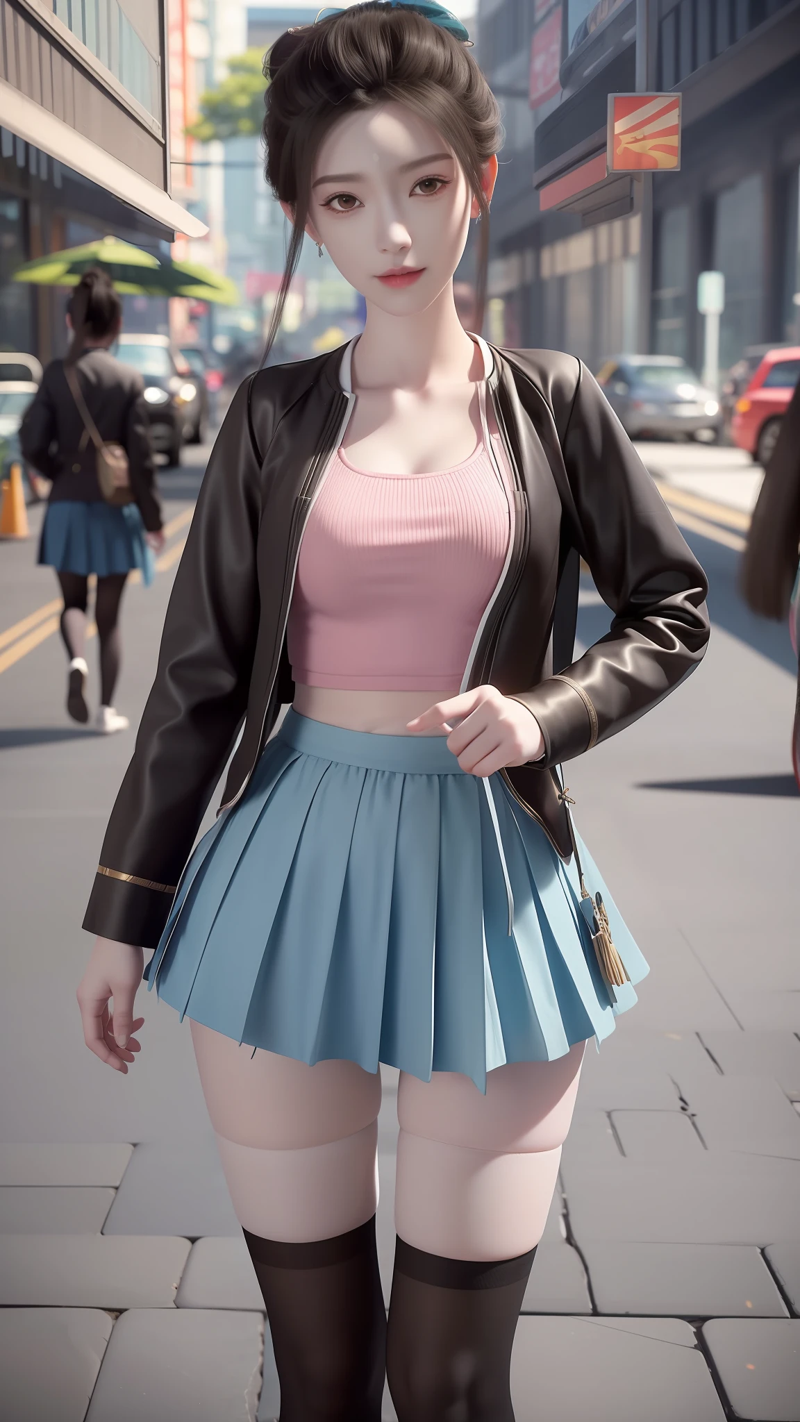 there is a woman in a skirt and a jacket posing for a picture, Surrealism female students, Surrealism female students, Realistic schoolgirl, thighhighs and skirt, photorealistic anime girl rendering, 3 d anime realistic, Smooth anime CG art, photorealistic full body, Photorealistic anime, Realistic anime 3 D style, photorealistic perfect body, wearing skirt and high socks