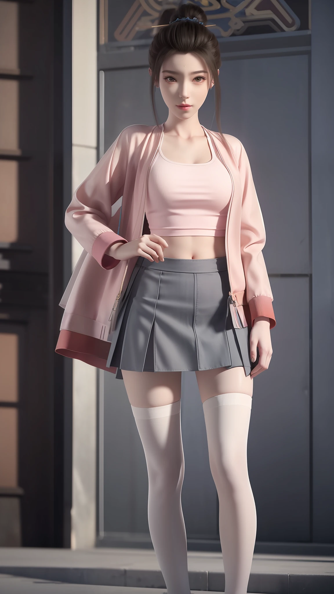 there is a woman in a skirt and a jacket posing for a picture, Surrealism female students, Surrealism female students, Realistic schoolgirl, thighhighs and skirt, photorealistic anime girl rendering, 3 d anime realistic, Smooth anime CG art, photorealistic full body, Photorealistic anime, Realistic anime 3 D style, photorealistic perfect body, wearing skirt and high socks