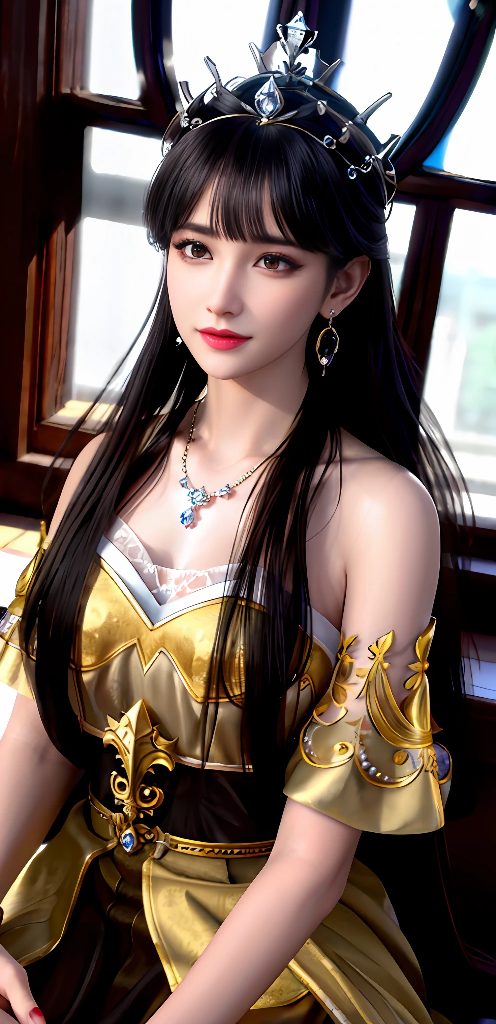 (realisticity: 1.2), ((best resolution: 8K UHD)), best quality, high quality,  masterpiece, highres,cg,
1 super detailed girl, super detailed queen

, sitting on a super detailed royal throne, lud, xurious royal palace background, beautiful and detailed, super detailed long hair, wearing a beautiful and luxurious crown with diamonds and super detailed,

super detailed dress, Super detailed dress sleeves, super detailed beautiful earrings, Beautiful and beautiful necklace full of super detailed diamonds,  
 solo, jewelry, super detailed red and yellow dress, pretty face, beautiful, and super detailed, 

, earrings, super detailed hairdo, splashing, the upper body is very super detailed, super detailed hair bun, super detailed black hair,
lighting,candid,Photograph,high resolution, 8k,Bokeh,