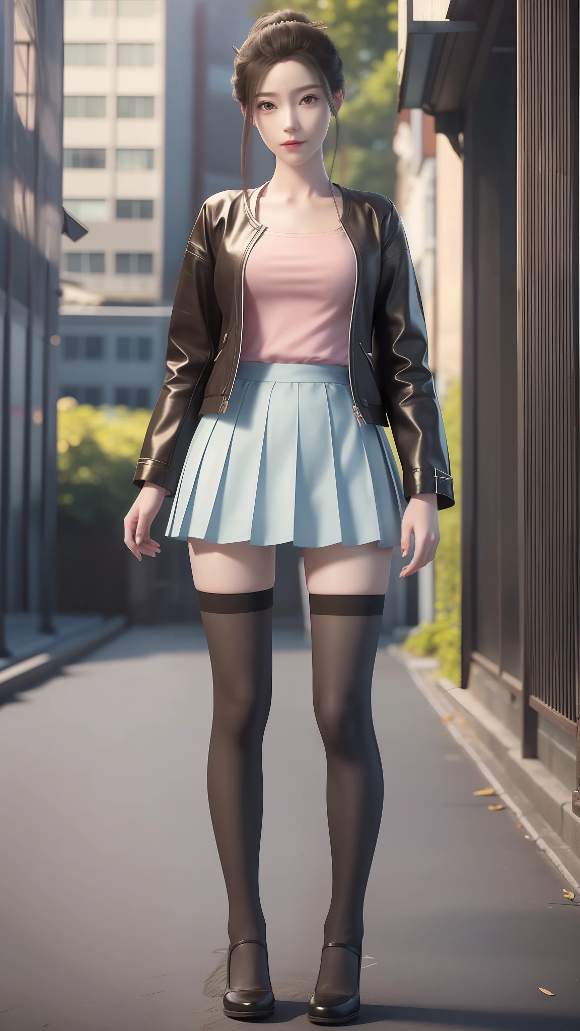 there is a woman in a skirt and a jacket posing for a picture, Surrealism female students, Surrealism female students, Realistic schoolgirl, thighhighs and skirt, photorealistic anime girl rendering, 3 d anime realistic, Smooth anime CG art, photorealistic full body, Photorealistic anime, Realistic anime 3 D style, photorealistic perfect body, wearing skirt and high socks