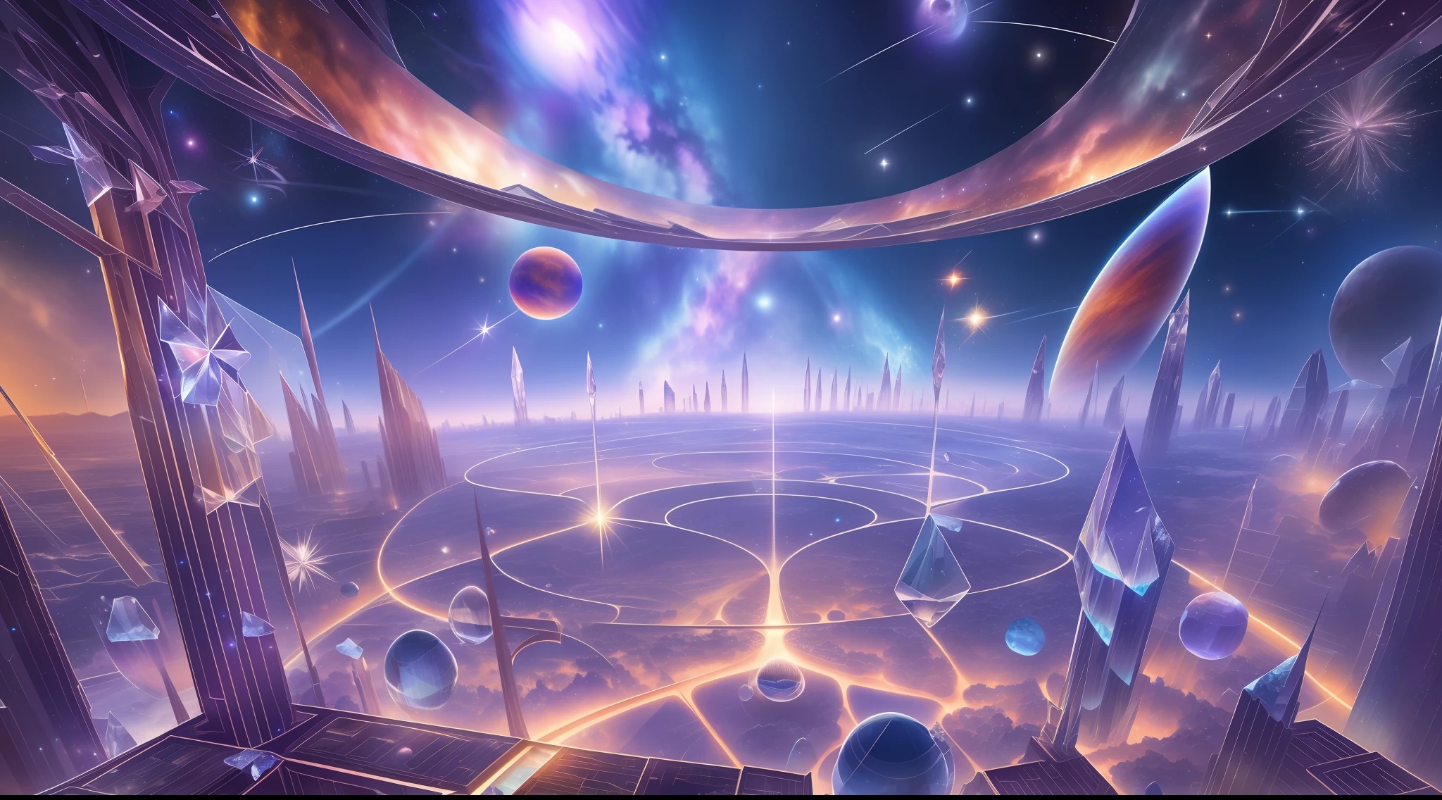 Starry sky, Towns and megastructures surrounded by crystal and glass float in space,Ice crystals,Luminous house,colorful planets,Starcloud,galactic,Faraway view,tmasterpiece,hyper-high detail,Best quality,8K,depth of fields,Incredible。