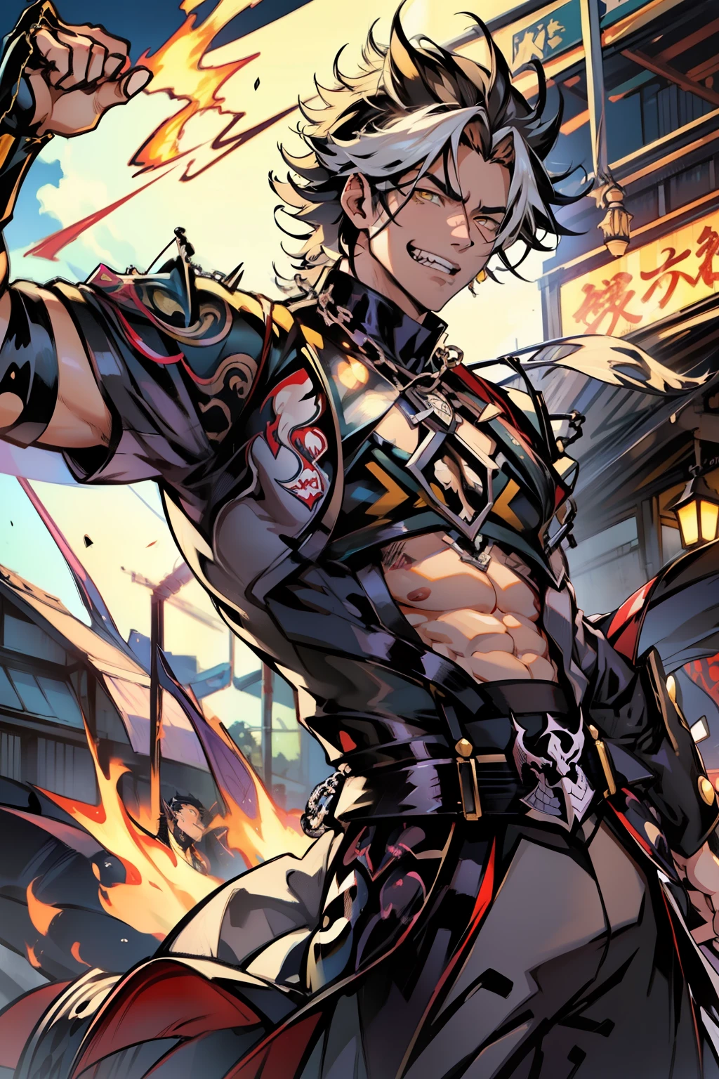 《the original god》Arataki Kazuto , male people,,((Masterpiece)), ((Best quality)), Ultra detailed,((illustration)), Dynamic Angle, Detailed light, (Delicate eyes), Floating, 1boy, Male focus, Head, Clothing, Yellow eyes, necklace, tattoo, (Forehead:0.8), (ahoge:0.8), jewelry, apathy,Ray, chest muscle, Sexy , Venom symbiote for your body, Black mucus of the body , (into venom), Venom,frontage,style of anime4 K, 4K anime wallpaper, Badass anime 8 K, 4 k comic wallpaper, young anime man, Anime boys, Anime wallpapers 4 k, Anime wallpaper 4K, High quality anime art style, Anime moe art style, Anime art wallpaper 8 K, Anime art wallpaper 4 K, RGB lighting