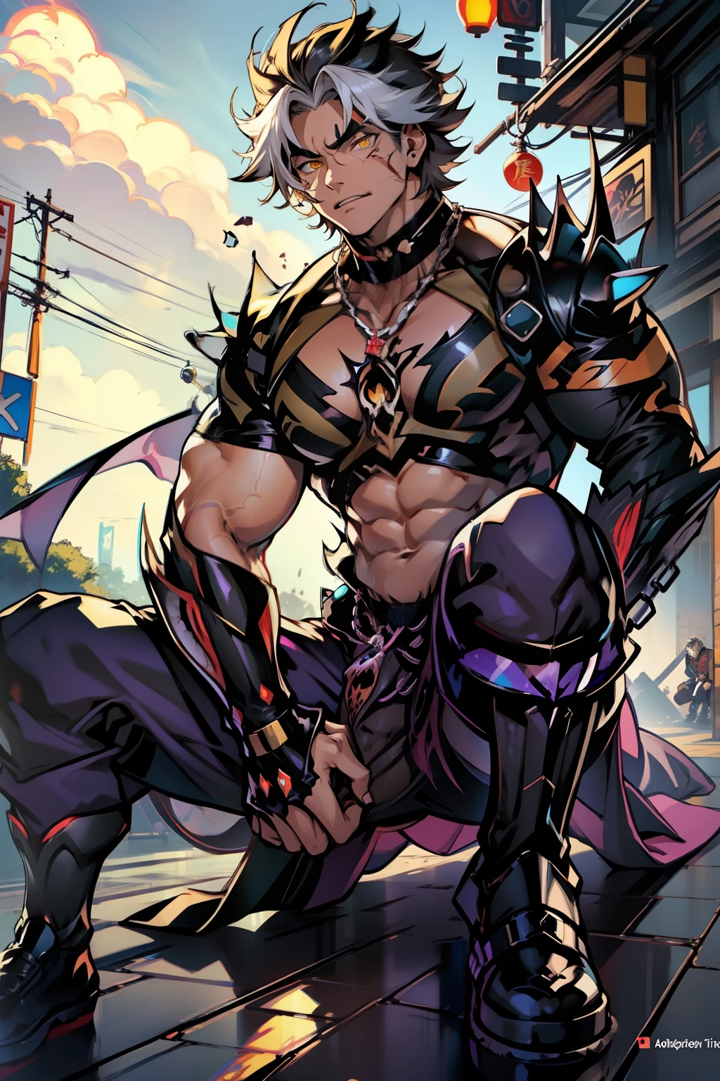 《the original god》Arataki Kazuto , male people，，((Masterpiece)), ((Best quality)), Ultra detailed,((illustration)), Dynamic Angle, Detailed light, (Delicate eyes), Floating, 1boy, Male focus, Head, Clothing, Yellow eyes, necklace, tattoo, (Forehead:0.8), (ahoge:0.8), jewelry, apathy，Ray， chest muscle， Sexy , Venom symbiote for your body, Black mucus of the body , （into venom）, Venom，frontage，style of anime4 K， 4K anime wallpaper， Badass anime 8 K， 4 k comic wallpaper， young anime man， Anime boys， Anime wallpapers 4 k， Anime wallpaper 4K， High quality anime art style， Anime moe art style， Anime art wallpaper 8 K， Anime art wallpaper 4 K， RGB lighting