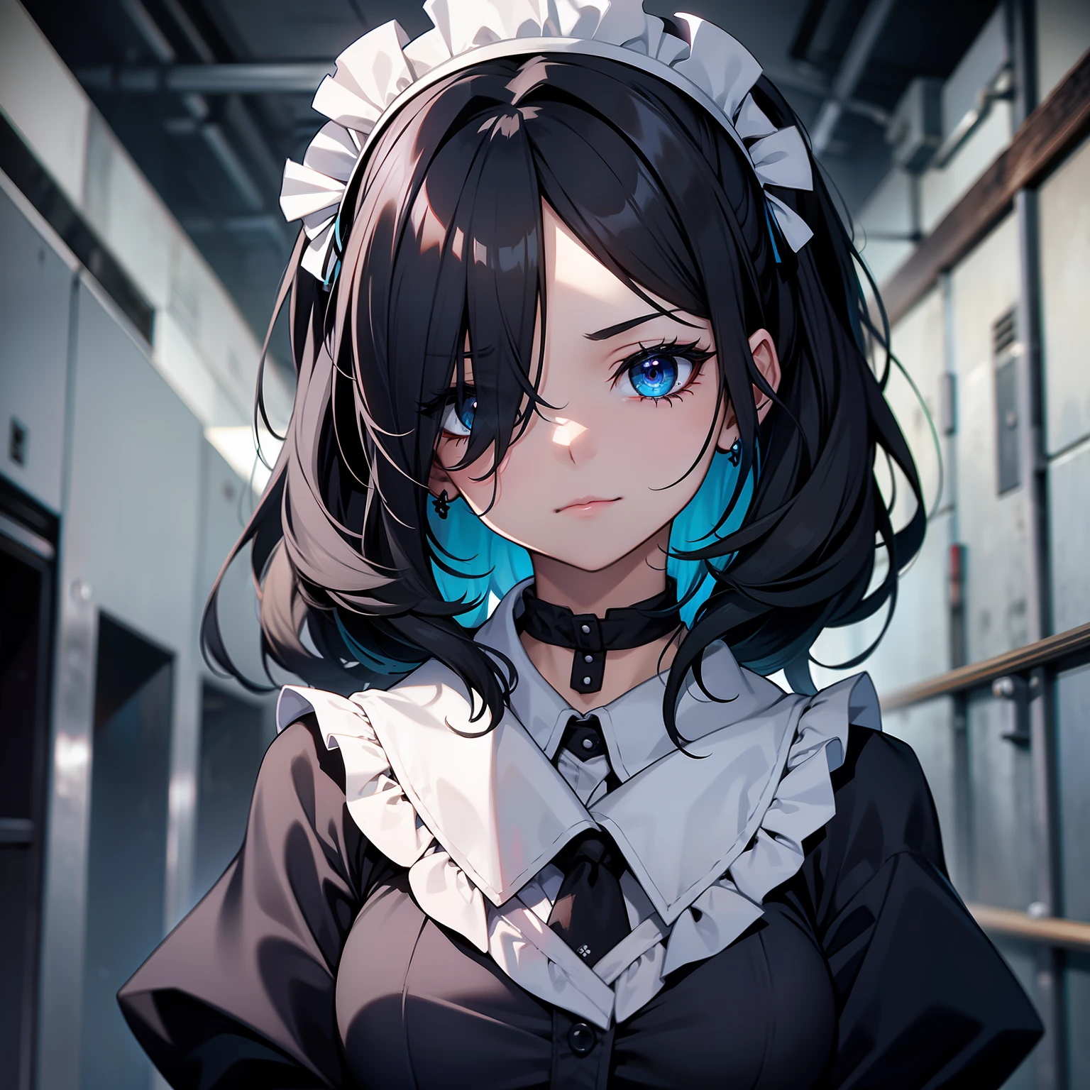 A cute undead maid with sickly blue-gray skin and jet-black hair elegantly draped over her left eye.