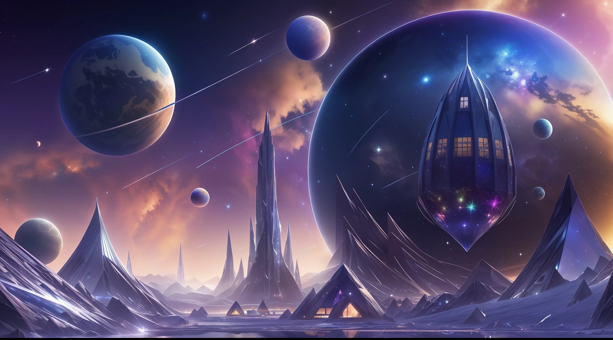 Starry sky, Towns and megastructures surrounded by crystal and glass float in space,Ice crystals,Luminous house,colorful planets,Starcloud,galactic,Faraway view,tmasterpiece,hyper-high detail,Best quality,8K,depth of fields,Incredible。