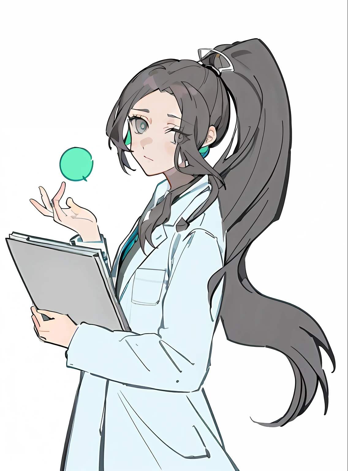 A long-haired cartoon girl holding a folder, With a doctor coat, (doctor), doctor, Marin Kitagawa fanart, wearing lab coat and a blouse, chiaki nanami from danganronpa, as an anime character, elite scientist, anya from spy x family, anime moe art style, digital art from danganronpa,Vallorante,sage