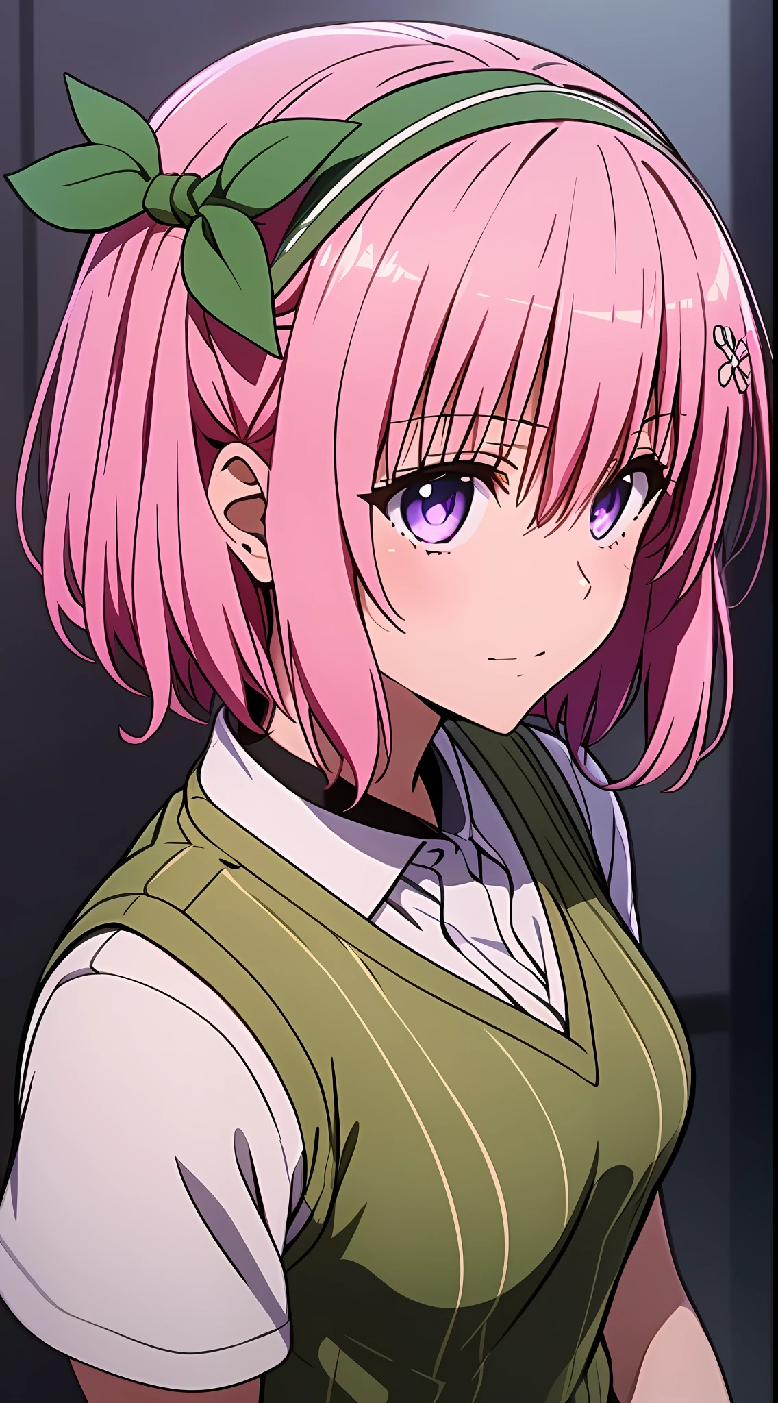 Mast, best quality, 1 girl, momo belia deviluke\ (to love ru), glass pink hair, glass eyes, short hair, headband, hair accessories, looking at the audience, front view, hands out if frame