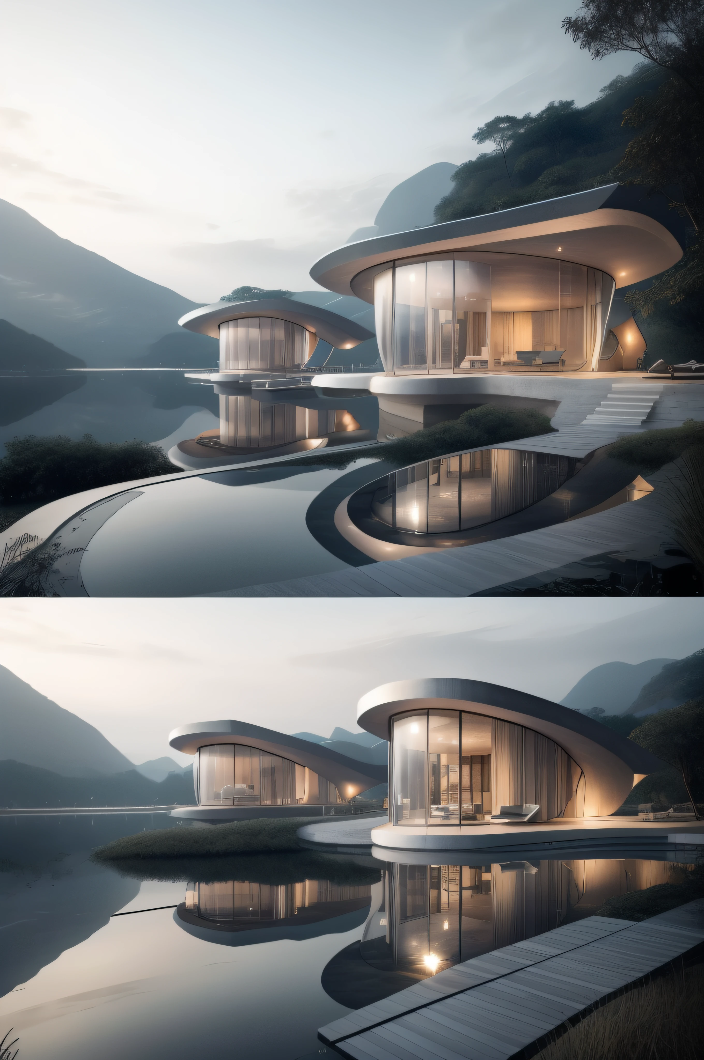 Masterpiece, best quality, set of stilt houses in aluminum, single-storey houses with wooden deck, single floor, minimalist architecture, ground floor, submerged pilotis, riverside, curving It is made of glass and concrete and wood, reflecting the light and the surrounding landscape. Wooden deck facing the water. It is a masterpiece of futuristic architecture.