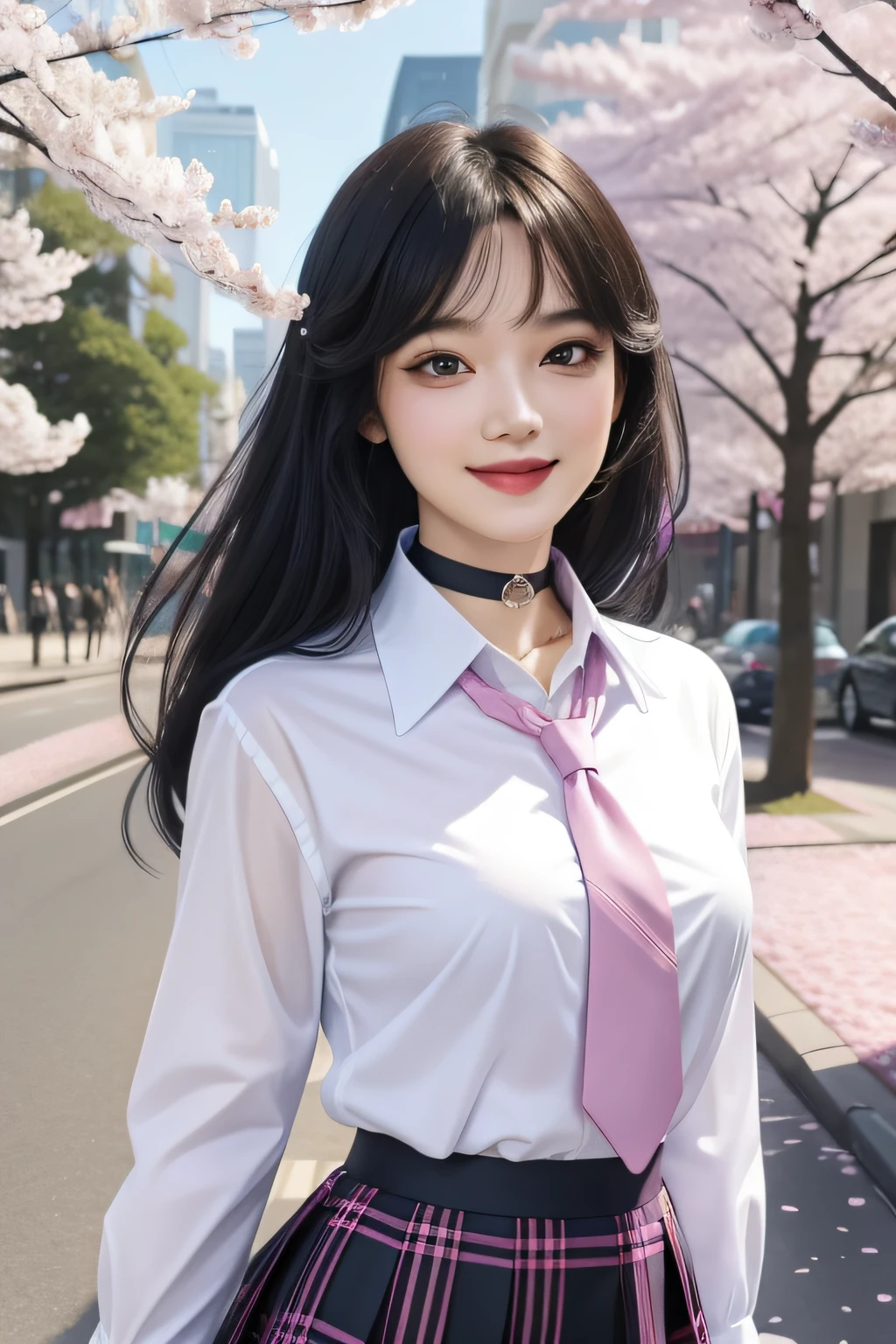 Masterpiece, Best quality,  full bodyesbian,
1girll, bangs, pink choker, a blue tie, Black hair, Blue skirt, , Sexy girl, Collared shirt , Dress shirt, Gradient hair, grin, jewelry, kogal, Long hair, Looking up, loose necktie, tiese, Piercing, plaid skirts, Black eyes, school uniform, shirt, Skirt, Smile, Solo, White shirt, street, sky, Cherry blossoms, petals,illustration, (Magazines:1.3), (Cover-style:1.3), Fashionab, woman, Outfit, Pose to teach, Front, Colorful, Dynamic, Background,  element in, self-assured, expression, statement, attention-grabbing, Stylish, font, Hot, Larger, astounding, modern, Trendy, Focus, Fashion,