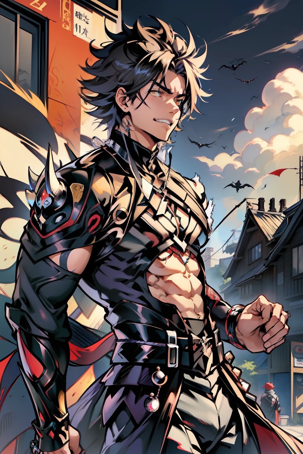 《the original god》Arataki Kazuto , male people,,((Masterpiece)), ((Best quality)), Ultra detailed,((illustration)), Dynamic Angle, Detailed light, (Delicate eyes), Floating, 1boy, Male focus, Head, Clothing, Yellow eyes, necklace, tattoo, (Forehead:0.8), (ahoge:0.8), jewelry, apathy,Ray, chest muscle, Sexy , Venom symbiote for your body, Black mucus of the body , (into venom), Venom,frontage,style of anime4 K, 4K anime wallpaper, Badass anime 8 K, 4 k comic wallpaper, young anime man, Anime boys, Anime wallpapers 4 k, Anime wallpaper 4K, High quality anime art style, Anime moe art style, Anime art wallpaper 8 K, Anime art wallpaper 4 K, RGB lighting