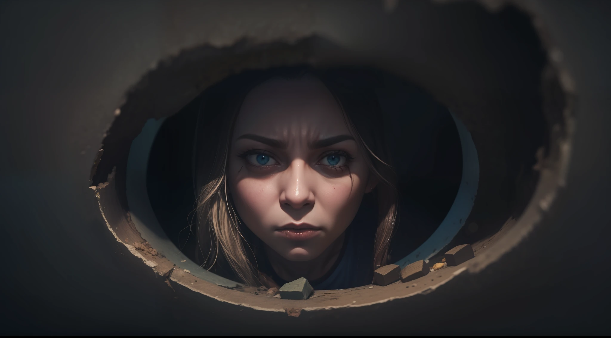 Tem um homem blusa cinza chorando gritando, sujo suado ,looking through a hole in a wall, umna janela quebrada, do lado de fora nevoa escura apocaliptica, terror.