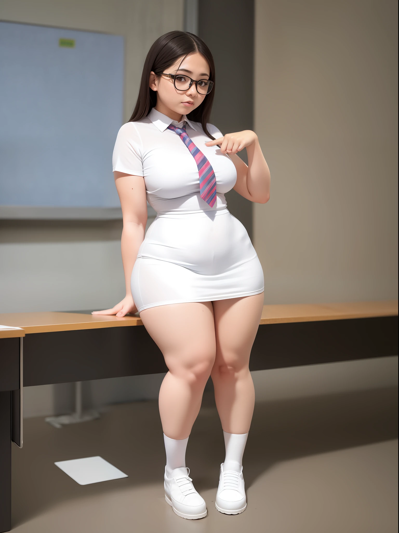 An Alafi woman posing for a photo wearing glasses and school uniform, Surrealism female students, Surrealism female students, hyperrealistic full figure, Realistic schoolgirl, small curvaceous loli, upper legs, thicc, cute female student, Thick thighs, photorealistic perfect body, oppai, casually dressed, Thick legs, photorealistic full body，Wear a miniskirt，white  panties，see-through transparent clothes，Soaked clothes