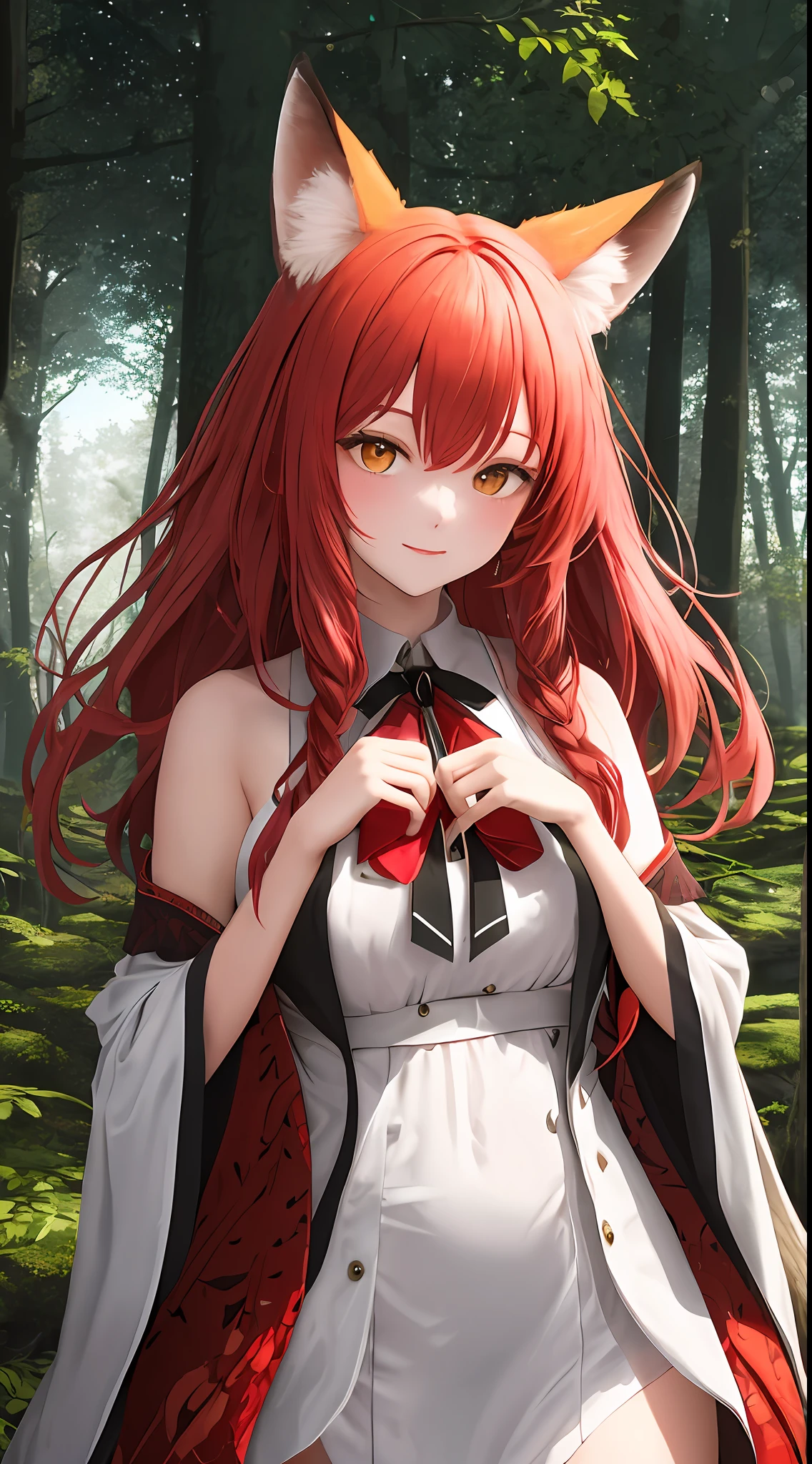 Stunning high-quality image about a red fox woman in a magical forest