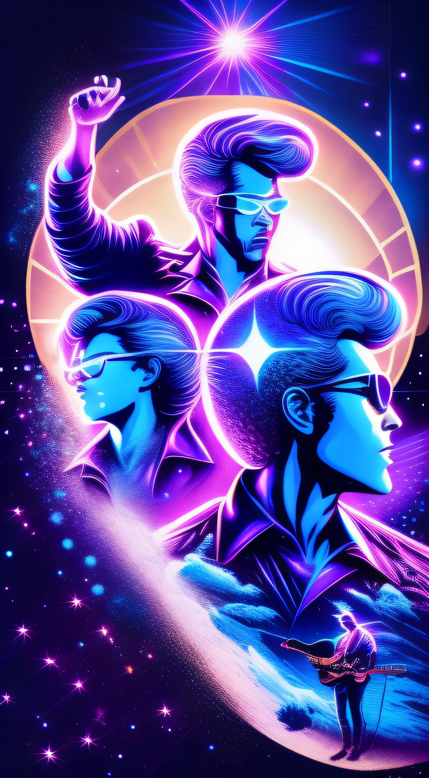 T-shirt design,vectorial art,Disco Ballroom,Outdoors,4men,Explosive-headed man,Exploding head woman,be on stage,Disco ball lights,Man plays guitar,Disco music,Dramatic lighting,Violet-blue tones