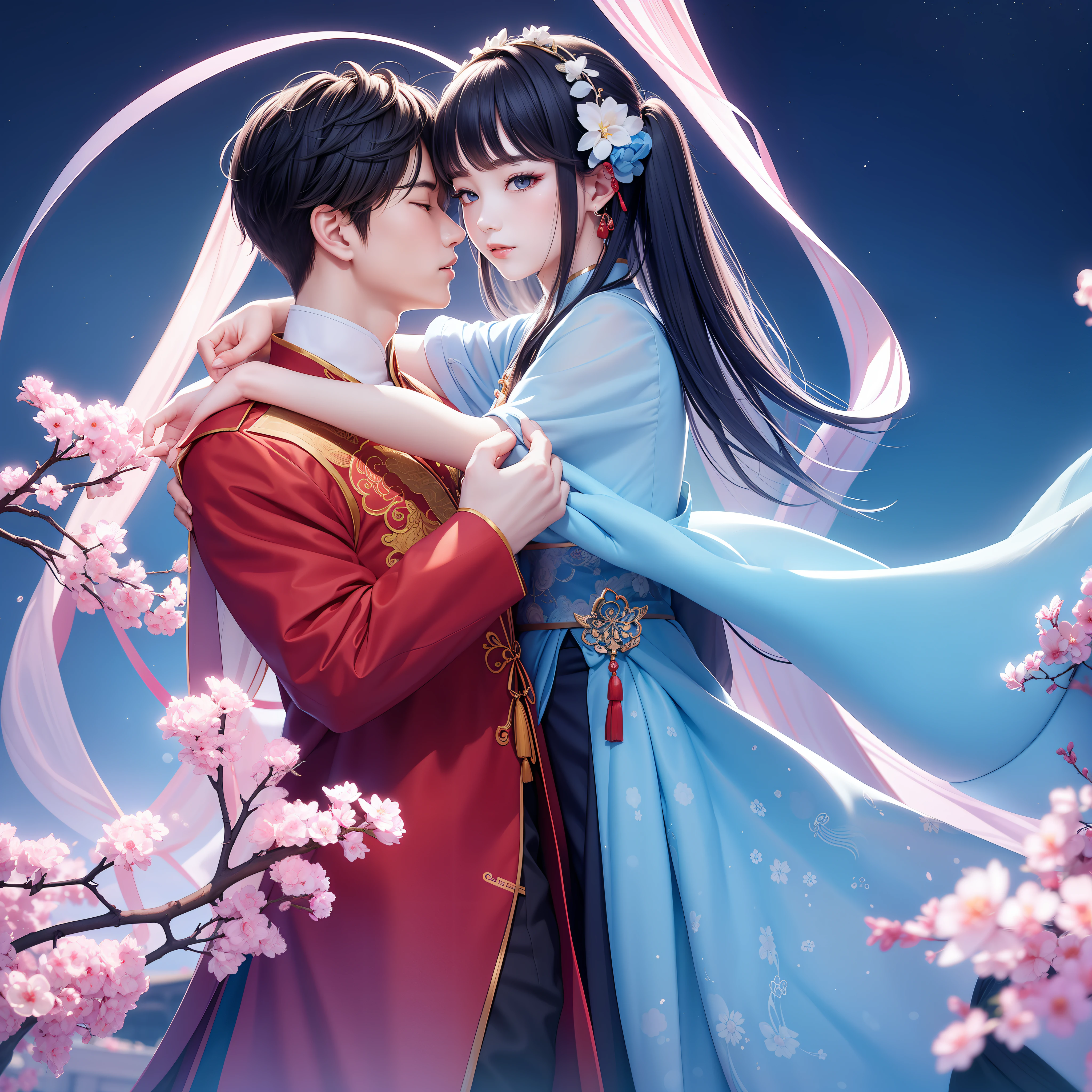 Chinese Qixi Festival 1 boy and 1 girl standing affectionately facing each other Character close-up Side face The background is the ancient Chinese Tiangong Daytime ambient light