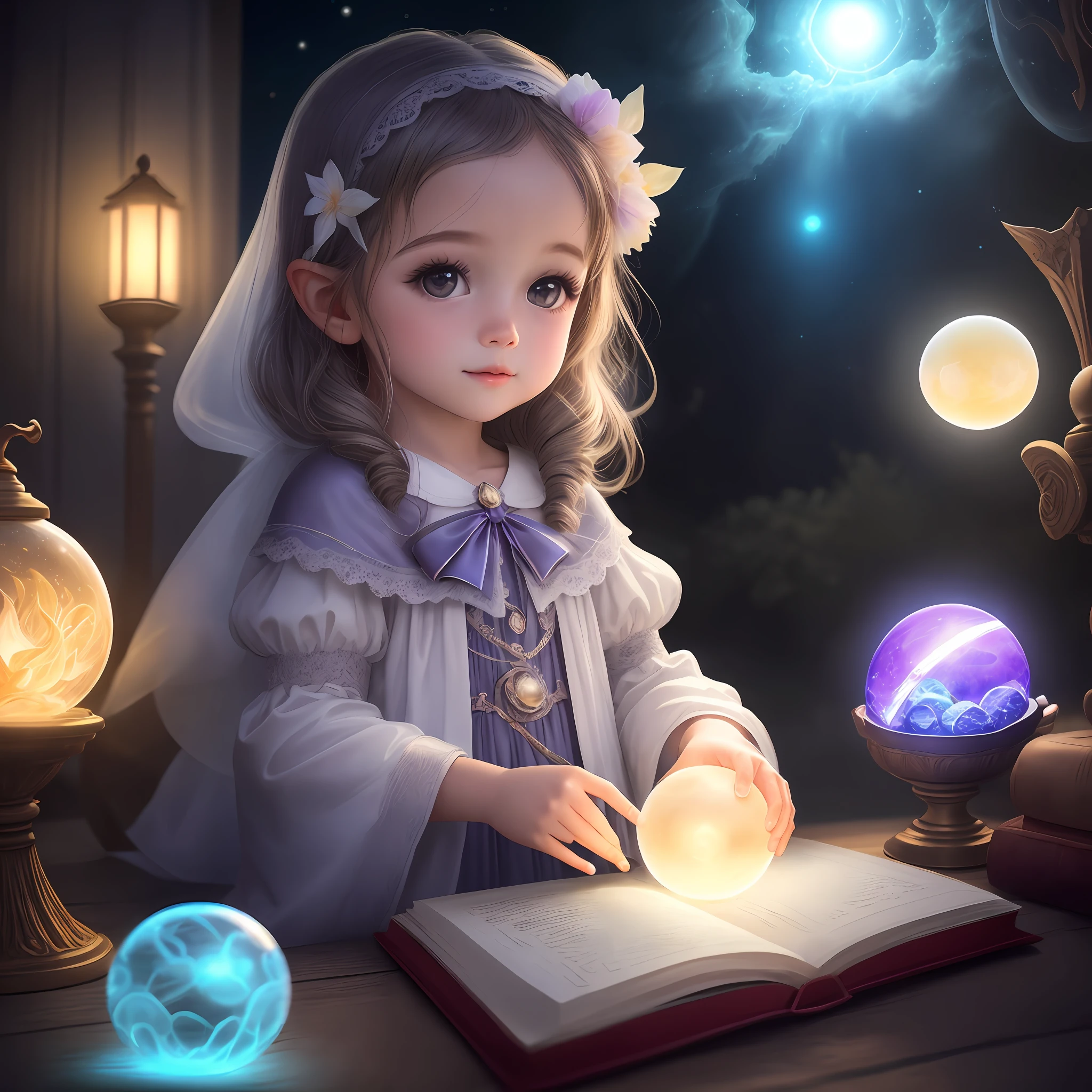 Fotografia realista de uma crianca humana em pe segurando uma bola leve, uma crianca meninaando um orbe, segurando uma esfera brilhante, esferas de luz brilhantes, orbes iluminados, esfera brilhante, Magical Glow, brilhando com magia, luz suave ao ar livre, bolas de luz para os olhos, soft moonlight, Mystical setting, Girl child the flashlight, magic light, magic lighting, fey lighting realistic photography
