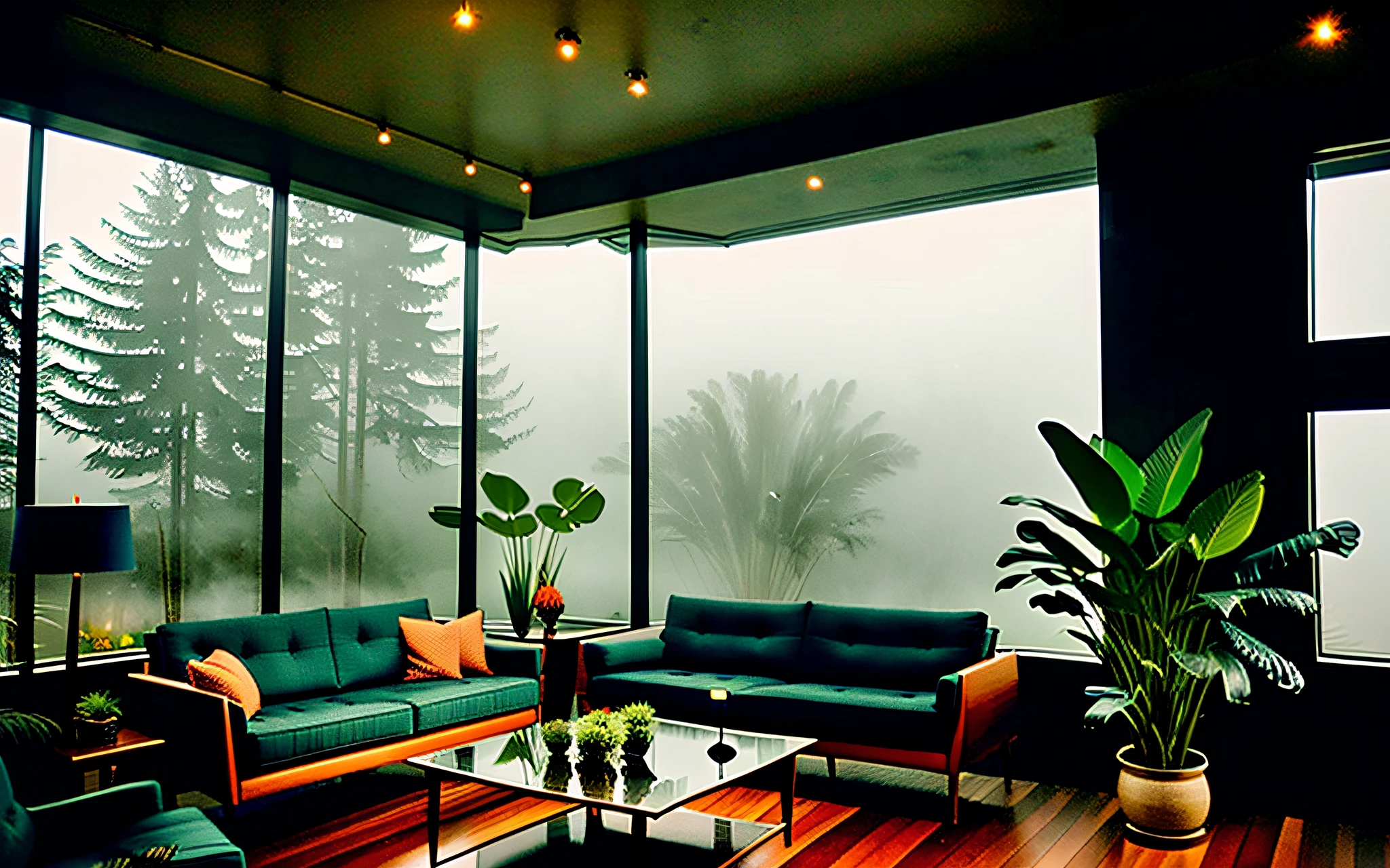 midcentury modern living room dimly lit with dark rainy evening outside, (foggy rainy evening:1.2), pacific northwest, (dim lighting:1.4), (moody lighting:1.2), plants, large plants, rainy, monstera, many plants, (foggy windows:1.2), masterpiece, best quality, twilight hour, (nighttime:1.4), rainy evening, after sunset,