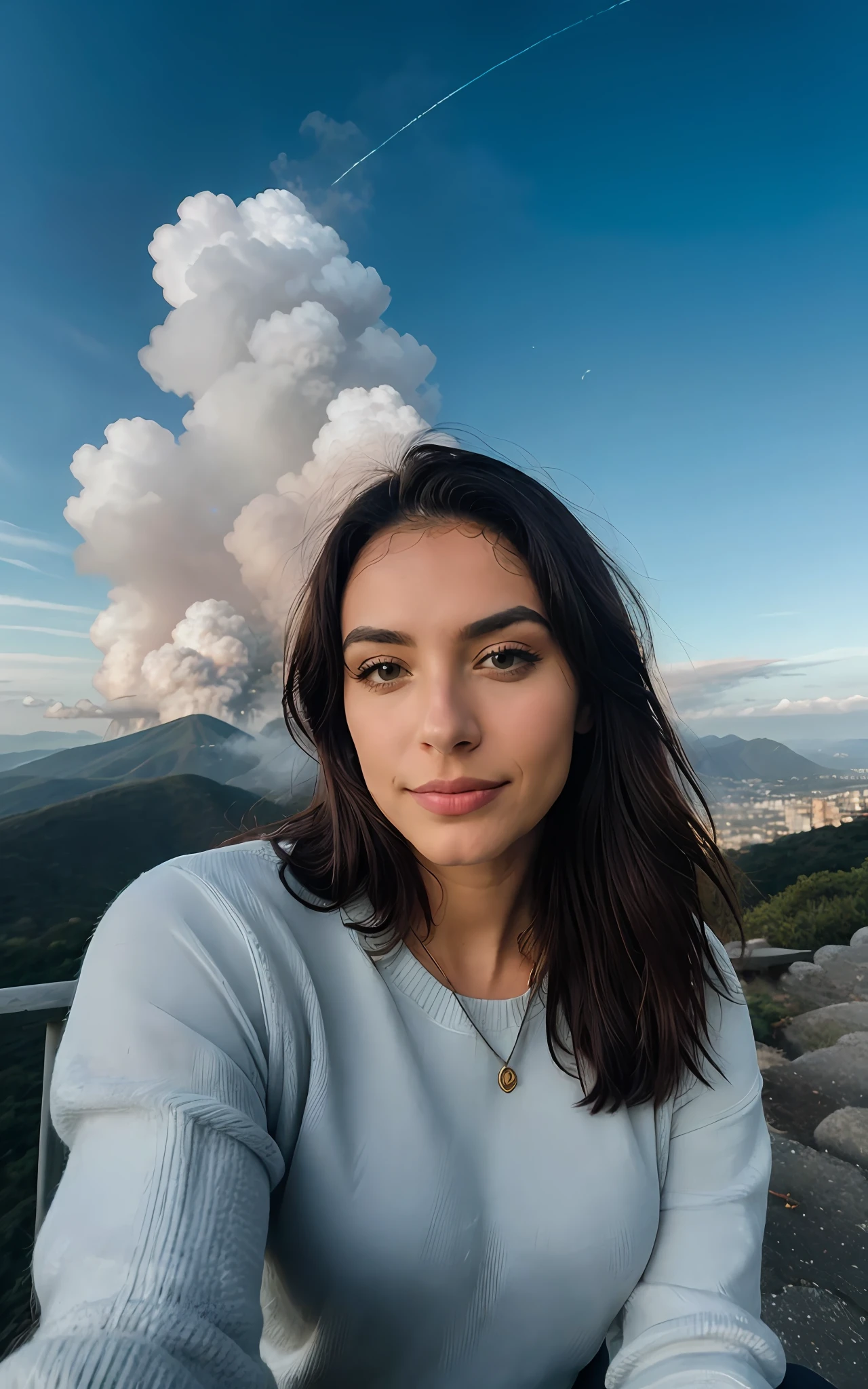 fotorrealista, best quality, hiper detalhado, Beautiful woman, foto selfie, parte superior do corpo, sozinho, wearing pullover, ao ar livre, (Noite), Montanhas, natureza da vida real, Estrelas, lua, (alegre, Feliz), Saco de Dormir, Luvas, sweater, gorro, Lanterna, Floresta, Rochas, Rio, Madeira, smoke billowing, mistborn, clear sky, analogue style, Olhando para o Viewer, textura da pele, filmic grain, fechar para cima, ultra high-resolution, Melhor sombra, .RAW, LUT do instagram