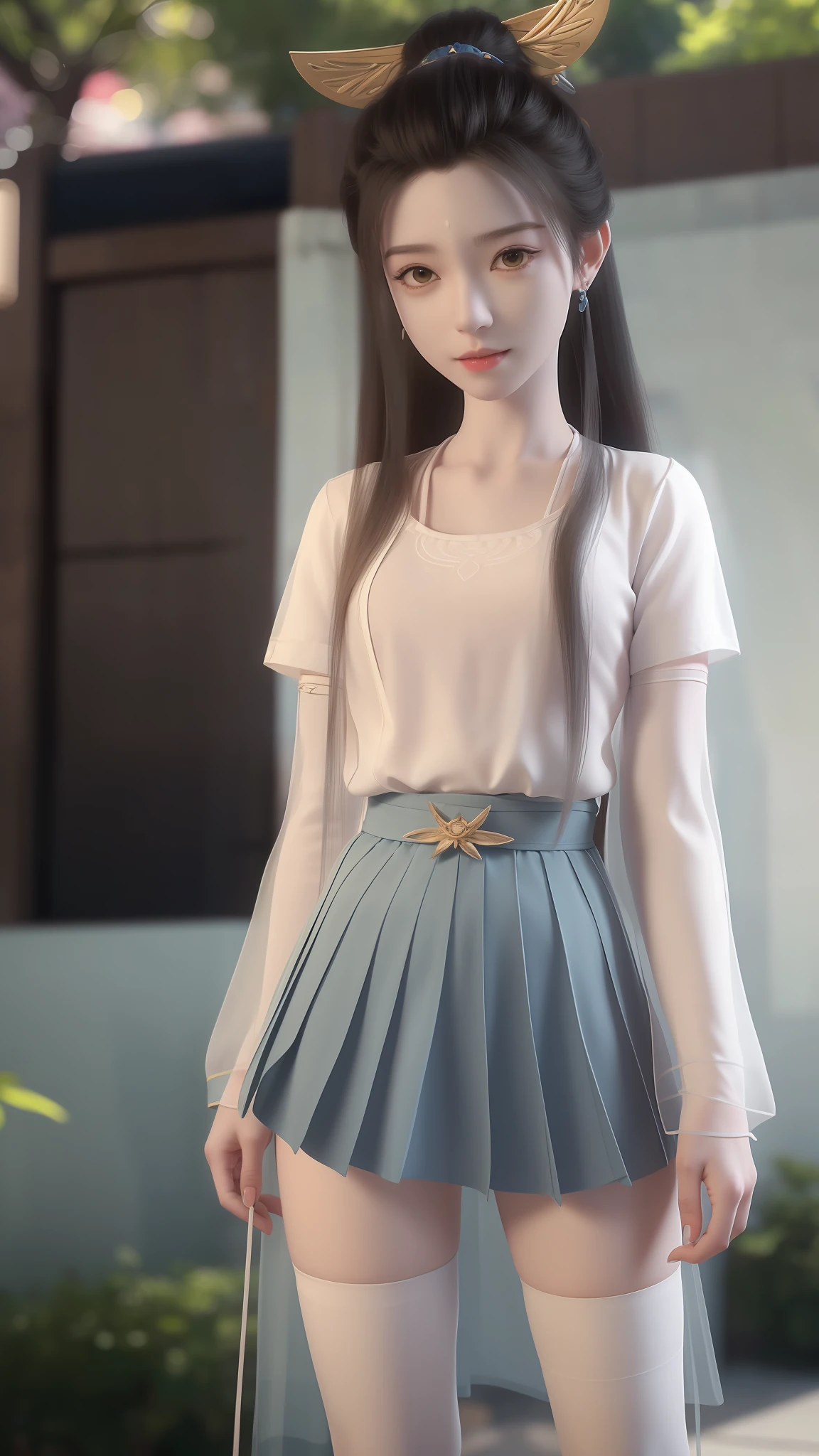 Arad woman posing for photo in short skirt and white shirt, Surrealism female students, Surrealism female students, Realistic schoolgirl, photorealistic anime girl rendering, thighhighs and skirt, 3 d anime realistic, small curvaceous ****, wearing skirt and high socks, Photorealistic anime, cute female student, Realistic anime 3 D style, female student