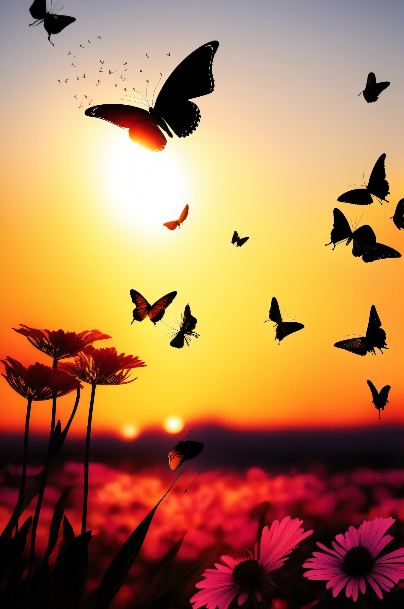 Silhueta em movimento: Create a silhouette that conveys the feeling of movement, with the butterfly in flight near the flower.