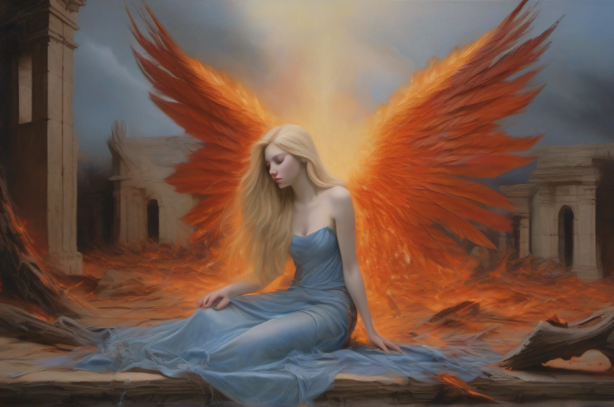 A magical realism painting of a fallen female angel with pale skin, long flowing blond hair, and sorrowful blue eyes, kneeling nude with massive fiery wings made of glowing orange and red feathers, slowly turning to ash, wings spread in a futile attempt to take flight as she is wracked with pain and desperation, amidst the crumbling remains of once majestic skyscrapers and temples now reduced to rubble by apocalyptic flames. Use depth of field with the angel in sharp focus to direct the viewer's eye, vibrant saturation in the fire contrasting with muted grays and blacks in the ruins.